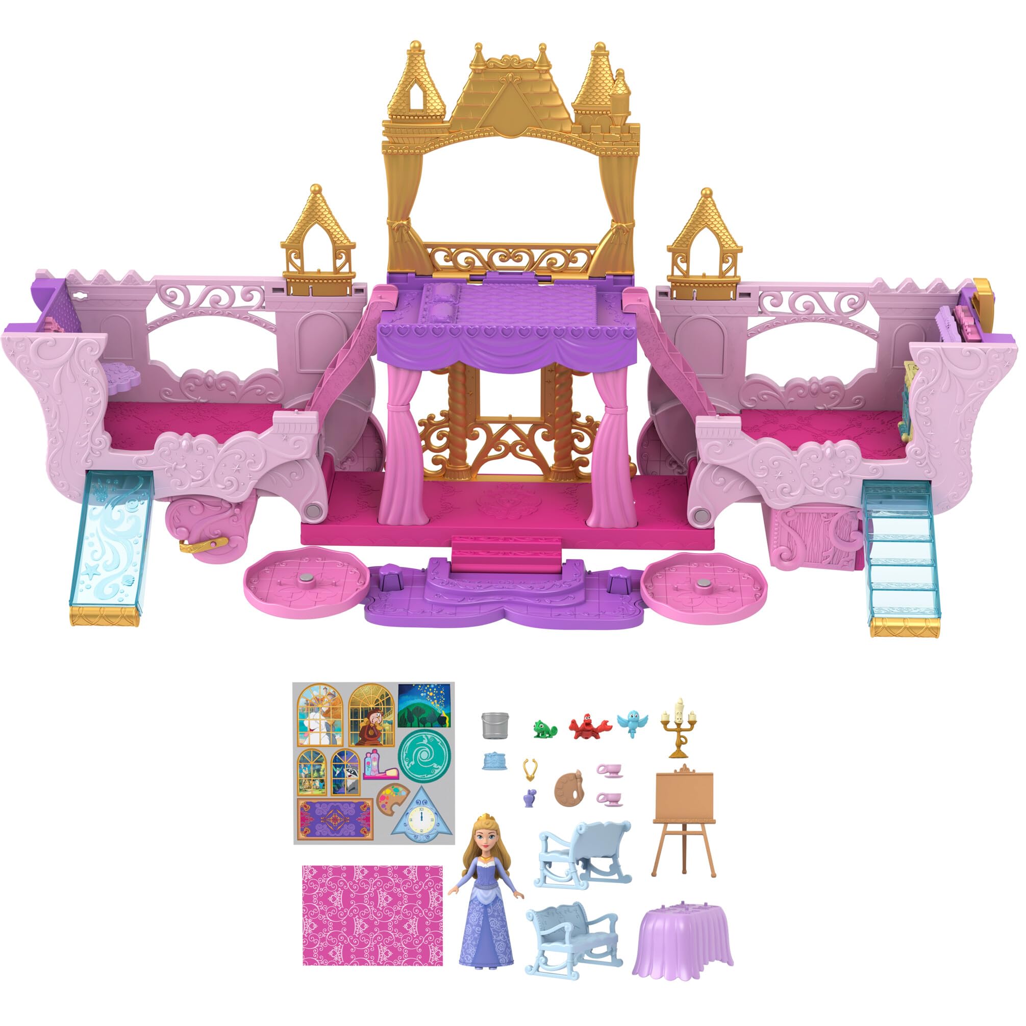 Mattel Disney Princess Carriage to Castle Transforming Playset with Aurora Doll, 3 Levels, 6 Play Areas, HWX17 5
