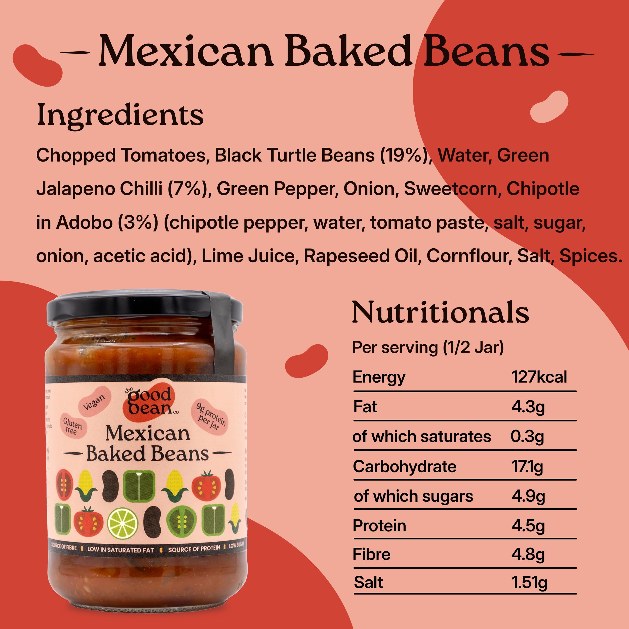 The Good Bean Co Mexican Baked Beans 350g - Spicy Black Beans in Smoky Chilli Sauce 12