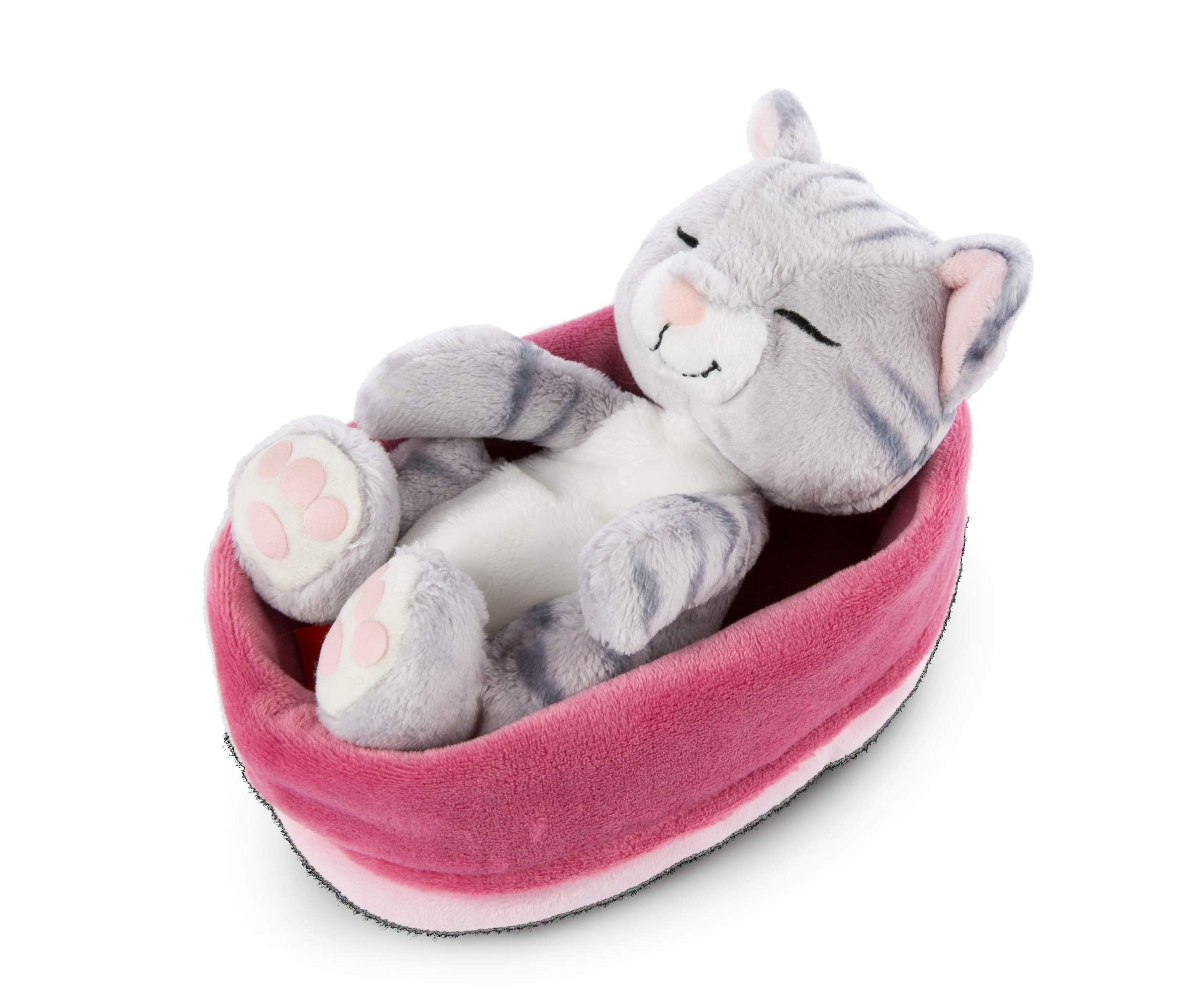 NICI Sleeping Kitties Soft Toy Cat in Pink-Purple Basket - 16 cm Plush Cuddly Animal for Babies & Kids