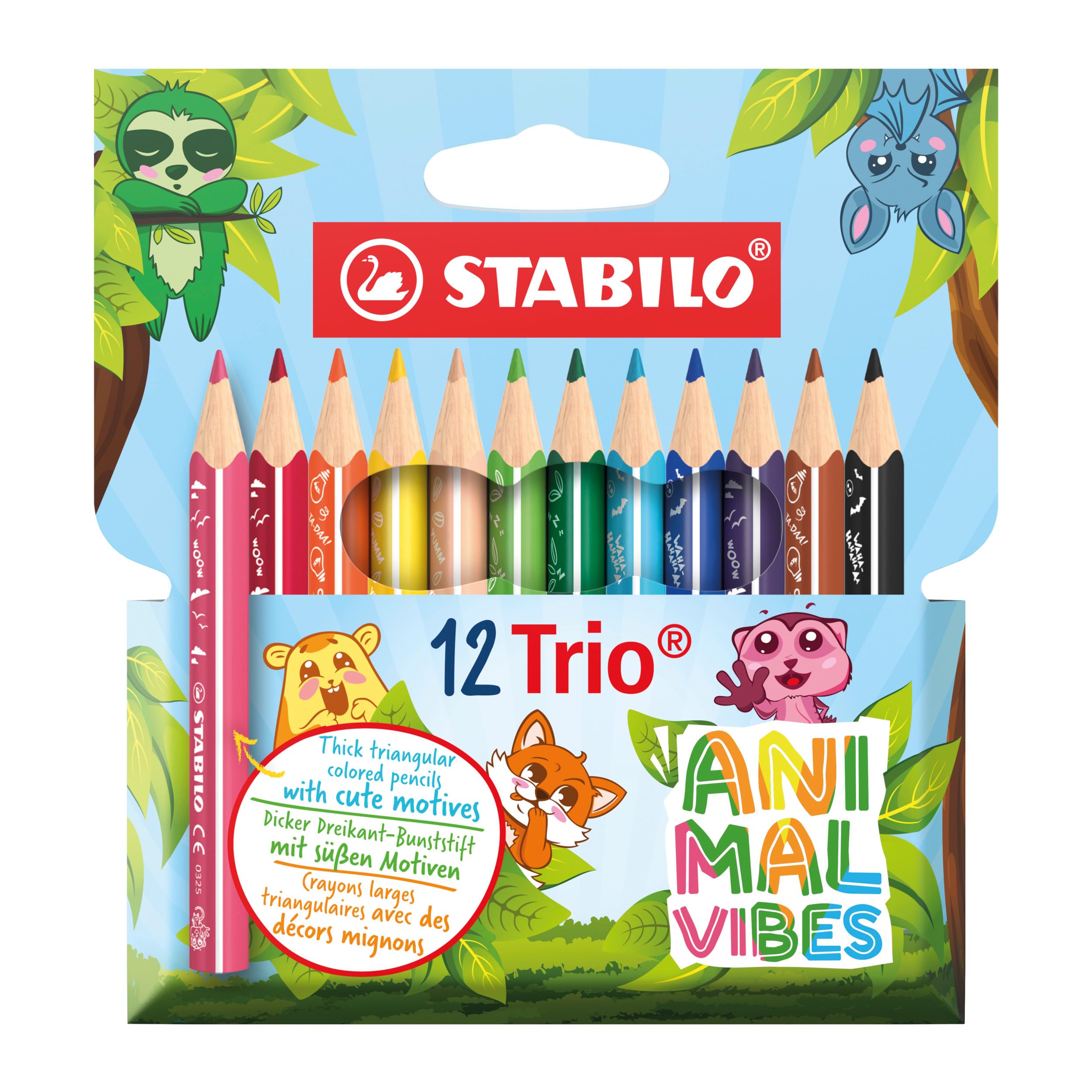 STABILO Trio thick short Animal Vibes Colouring Pencils - Pack of 12 | Ergonomic Triangular Grip | 4.2mm Lead