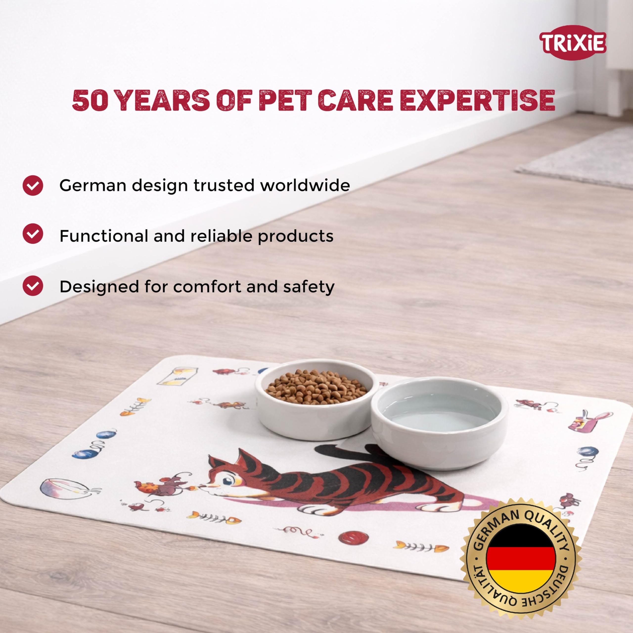TRIXIE Comic Cat Print Plastic Feeding Mat - Non-Slip, Easy Clean | 44 x 28 cm