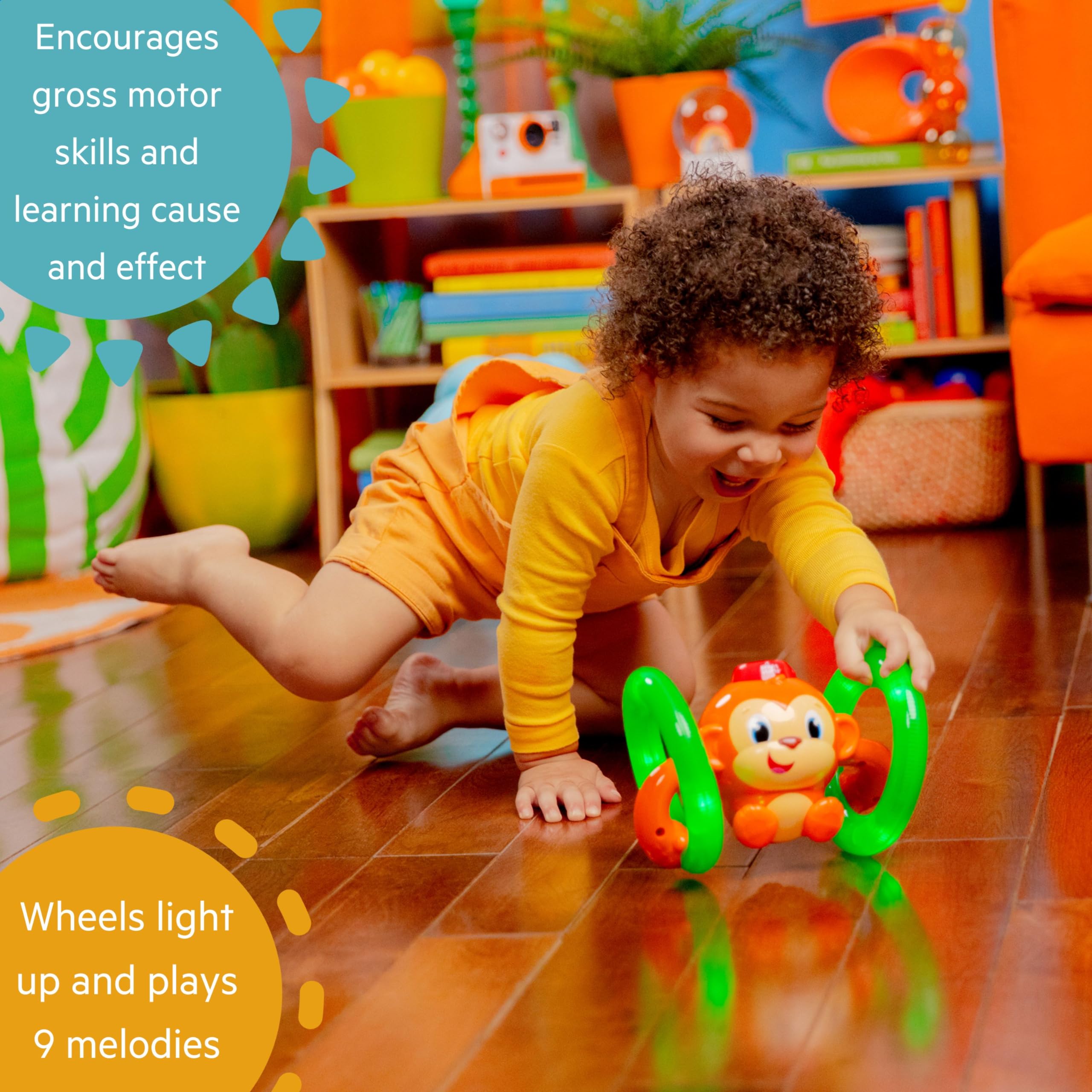 Bright Starts Roll and Glow Monkey - Light-Up Rolling Toy with Music for Babies 6M+ 8