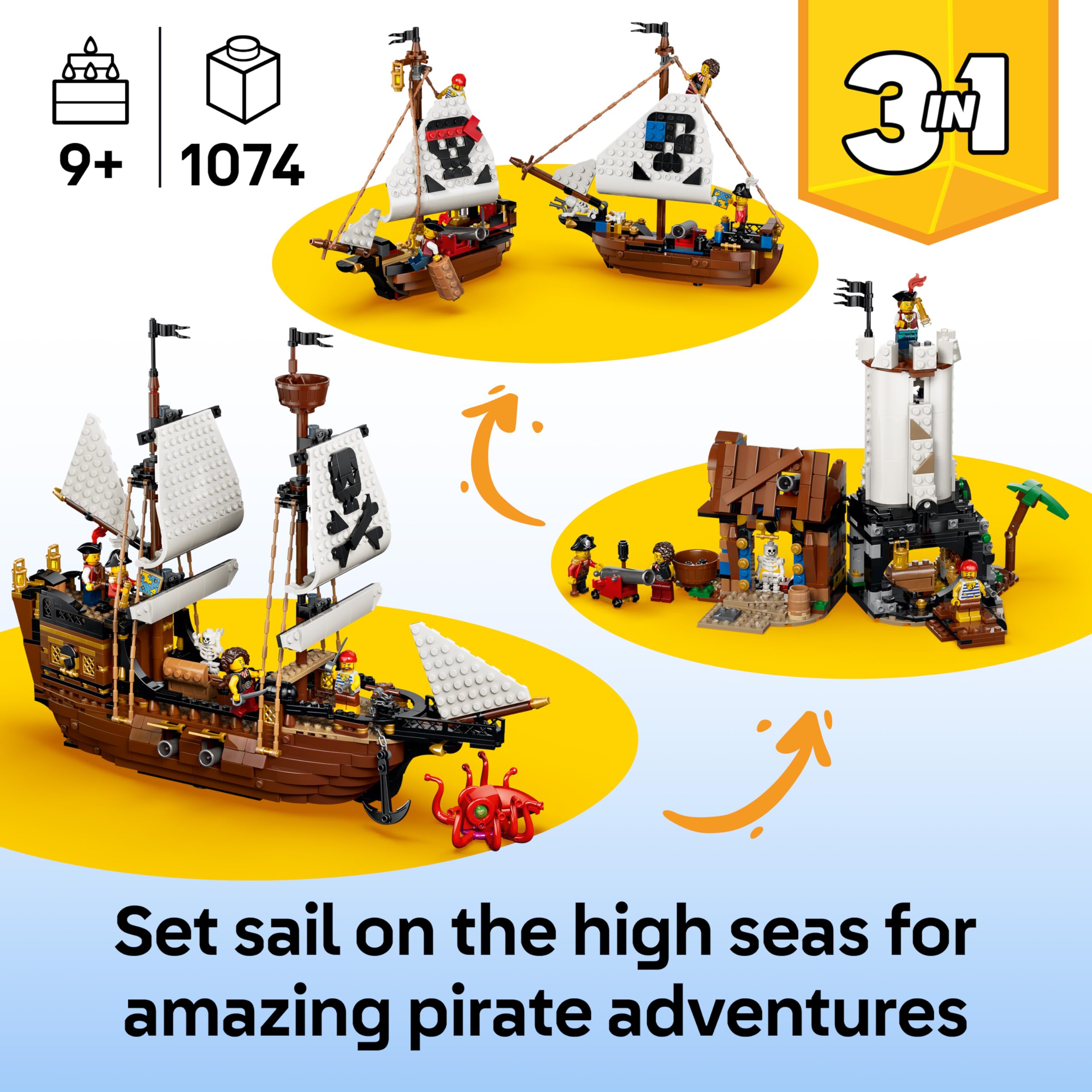 LEGO Creator 3 in 1 Iconic Pirate Ship Toy - 3 Models in 1, Ages 9+