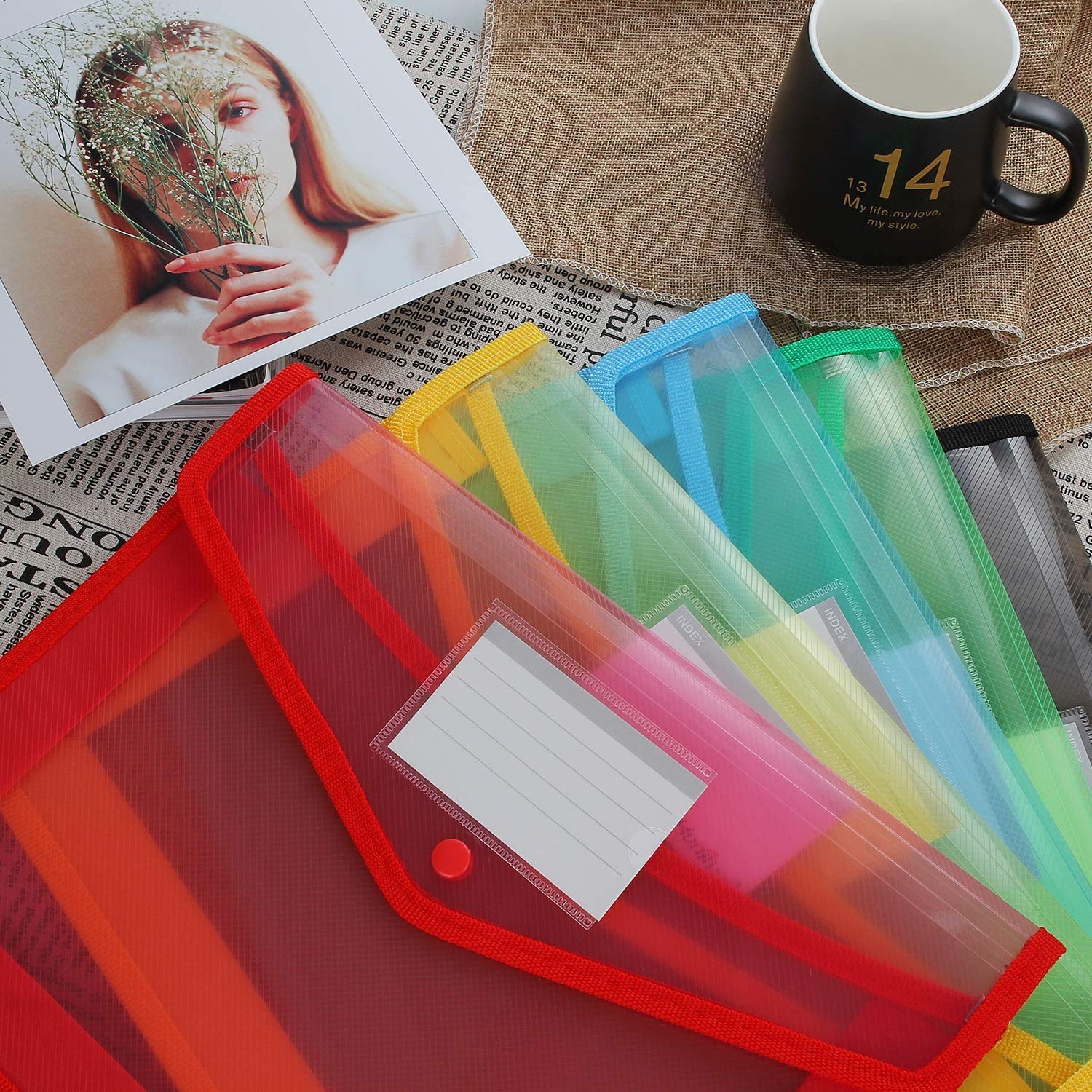 ASelected Document Pockets with Popper - A4 Plastic Envelope Wallets | 800 Sheet Capacity | Pack of 5 5