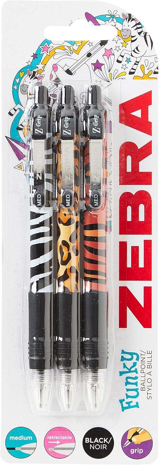 Zebra Z-Grip Retractable Animal Ballpoint Pen with Medium Point of 1.0mm, Black Ink, Pack of 3