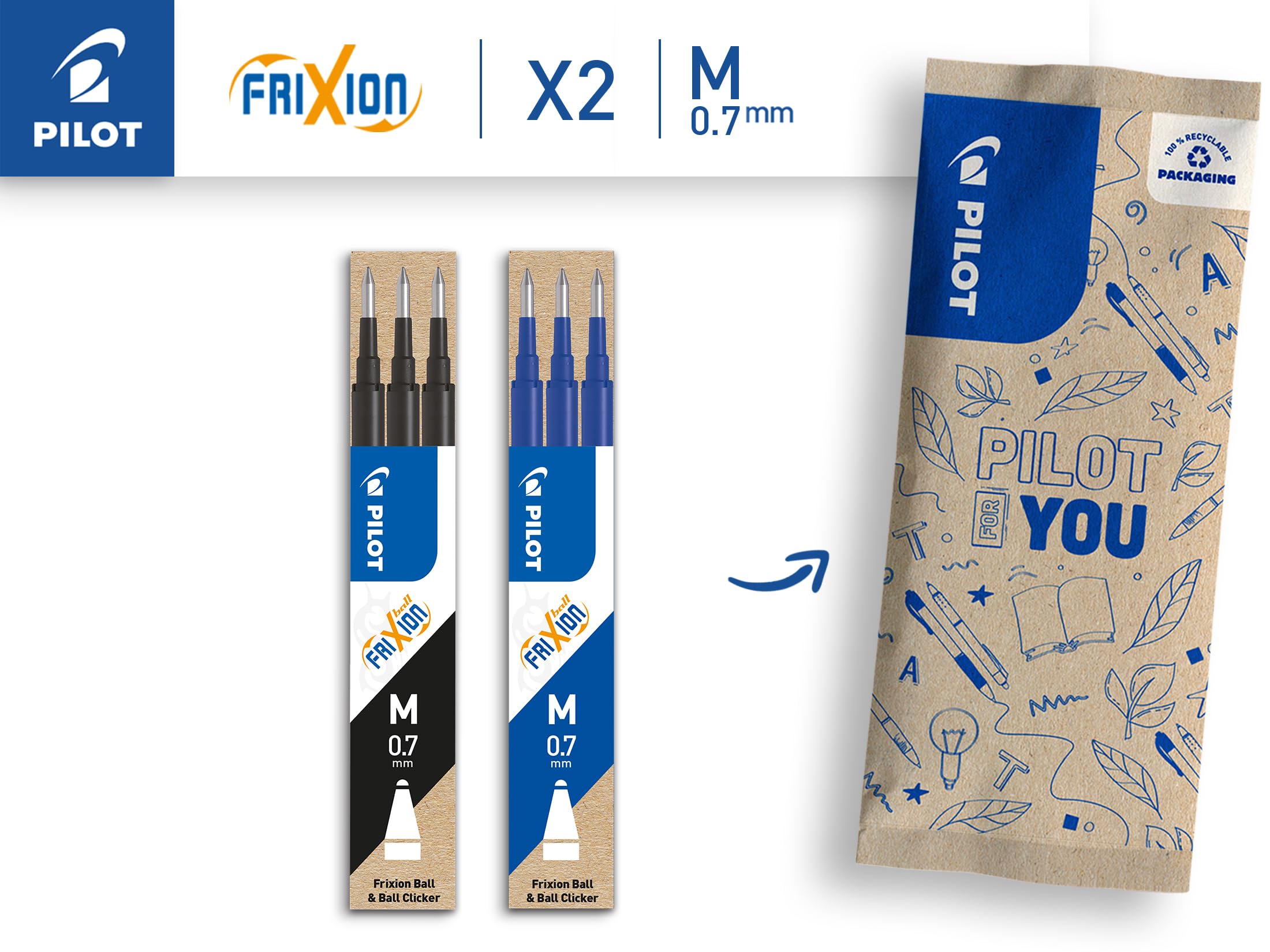 PILOT FriXion Erasable Rollerball Pen Refills - 0.7mm Tip, Set of 6 (Blue & Black)