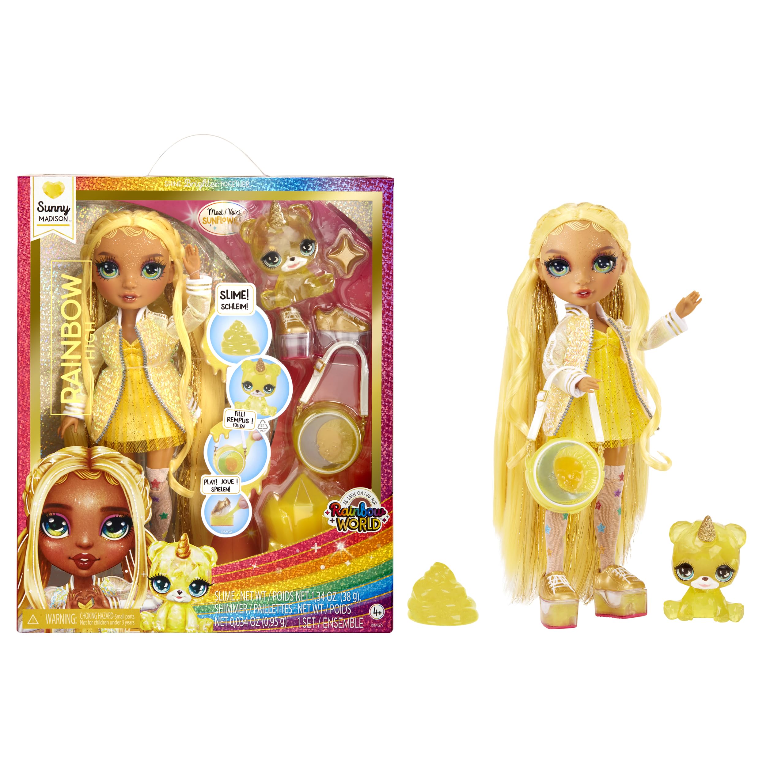 Rainbow High Sunny Madison Fashion Doll with Sparkle Slime & Magical Pet - 28 cm Yellow Shimmer Doll with Customizable Accessories