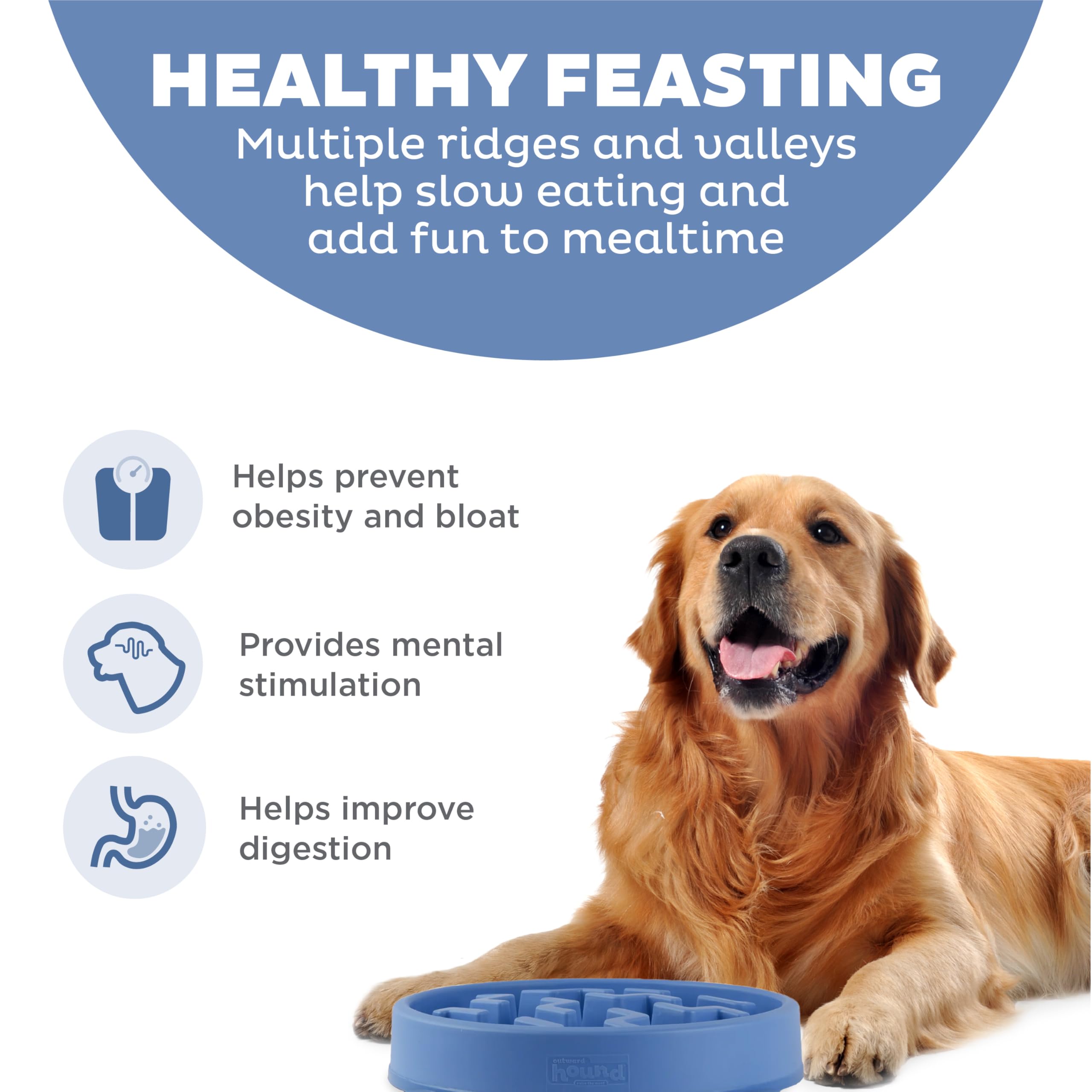 Outward Hound Slow Feeder Dog Bowl - Reduces Bloat, Improves Digestion | Large, Blue