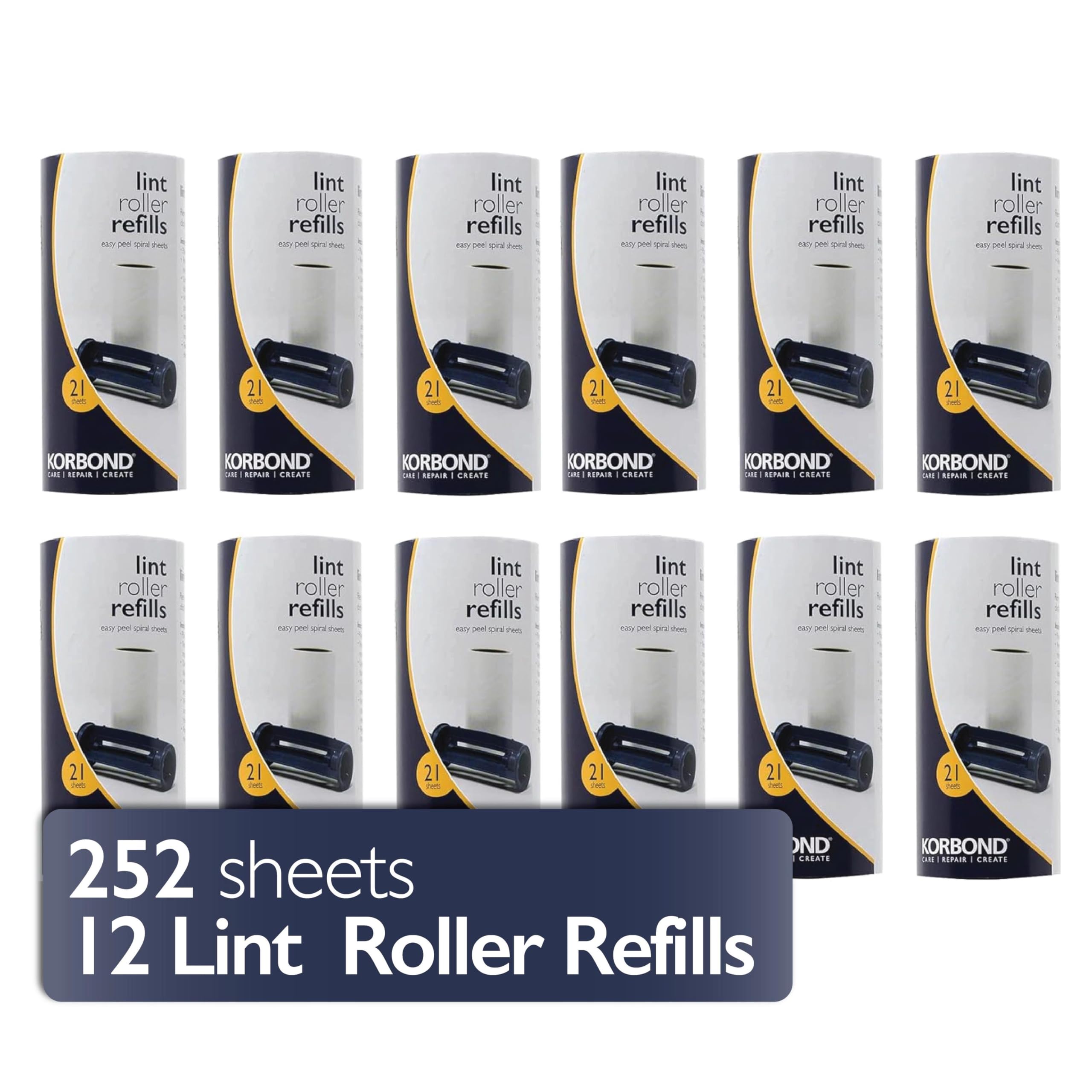 KORBOND Lint Roller Refills - 252 Sheets | 12 Refill Rolls | Pet Hair & Lint Removal