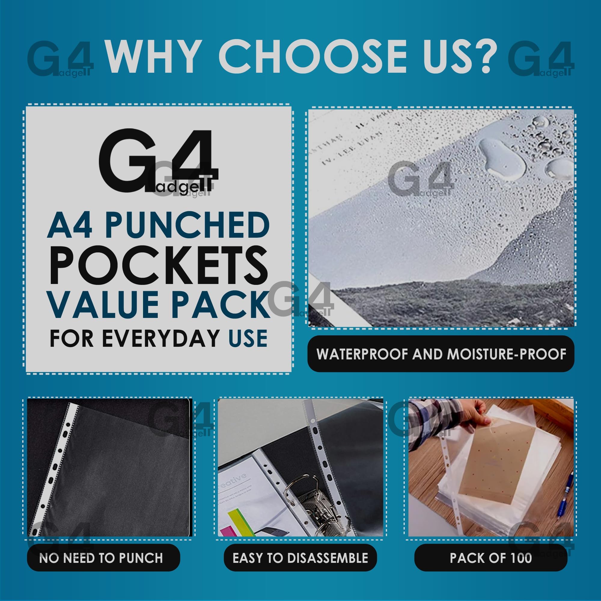 G4GADGET A4 Punched Pockets - 100 Pack | 30-35 Micron Polypropylene | Clear Frost Finish 3