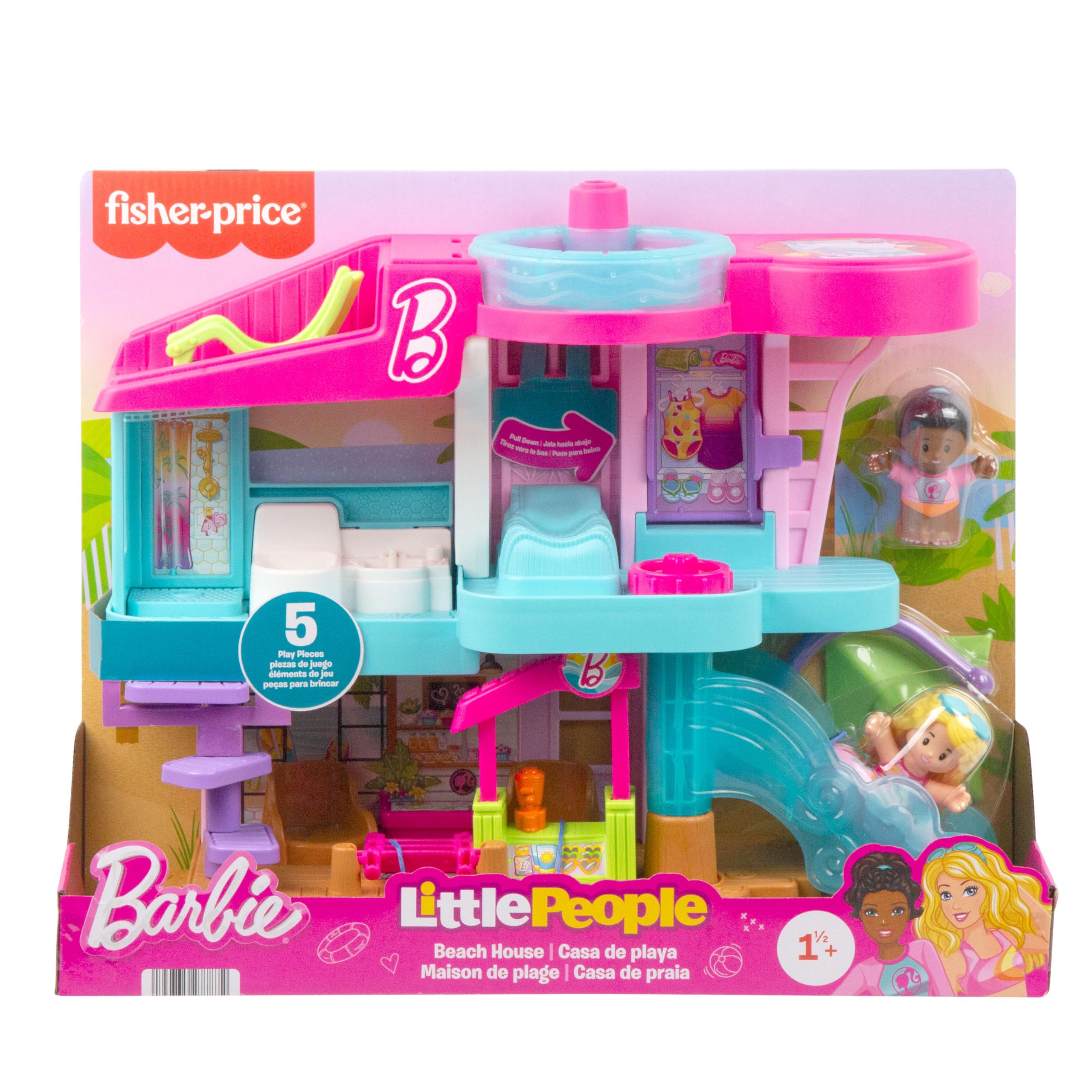 Fisher-Price Little People Barbie Beach House Playset - 3-Floor Interactive Doll House with Figures & Accessories for Toddlers 18M+ 12