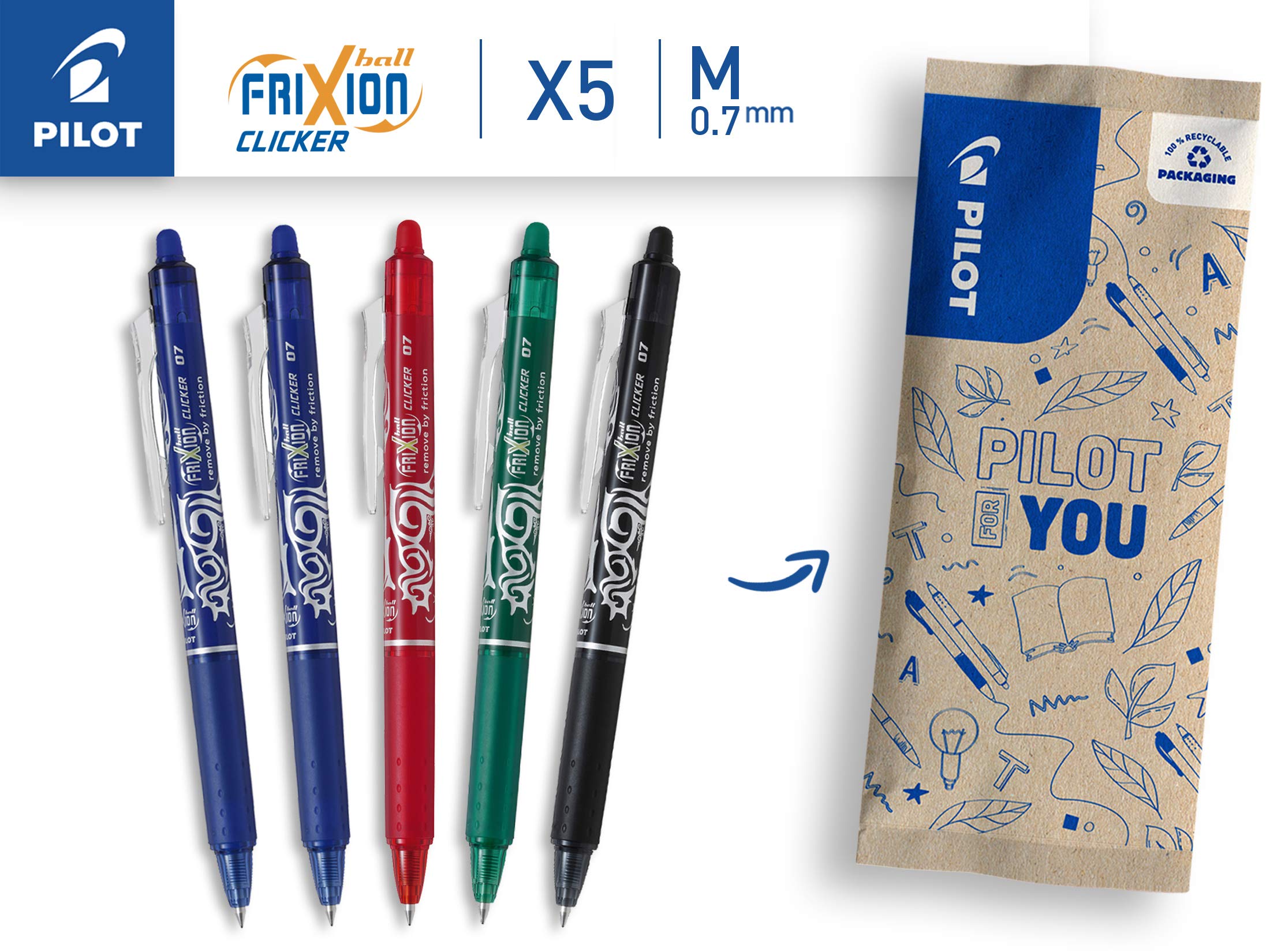 PILOT FriXion Ball Clicker Erasable Rollerball Pen - Medium 0.7mm Tip - 5 Pack