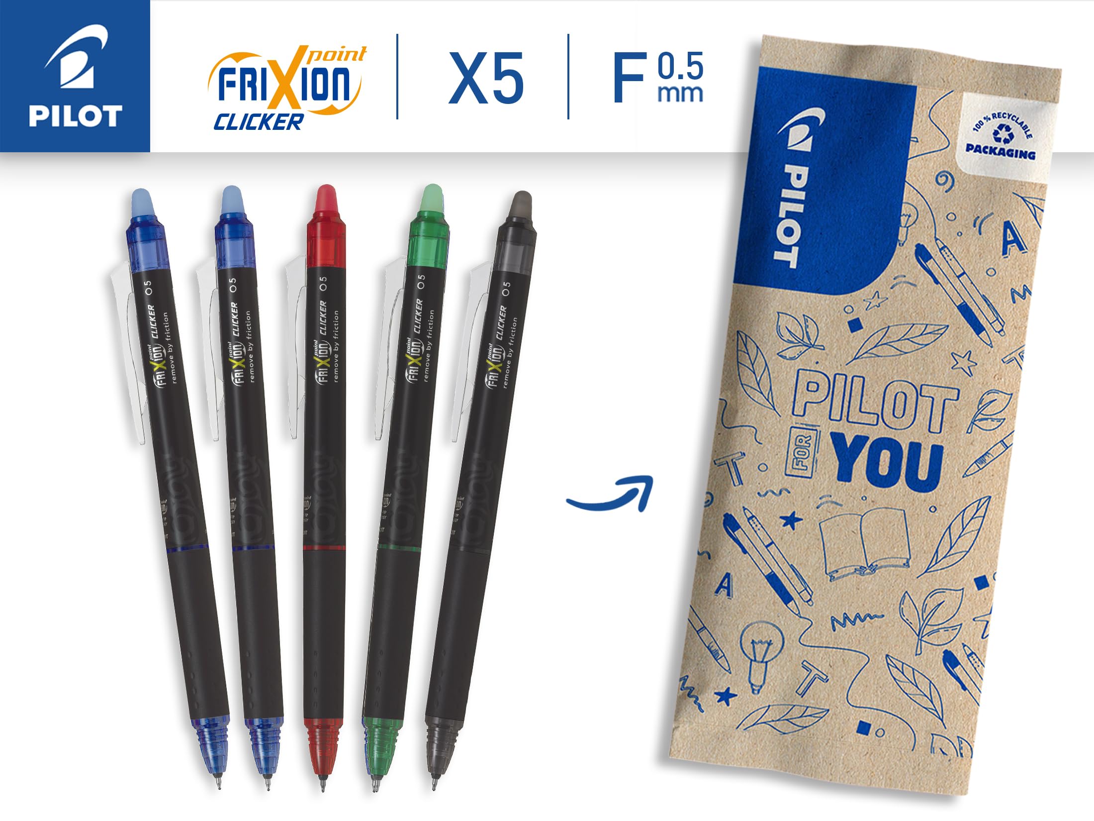 PILOT FriXion Point Clicker Erasable Rollerball Pen - 0.5mm Fine Tip, Retractable, 5 Pack