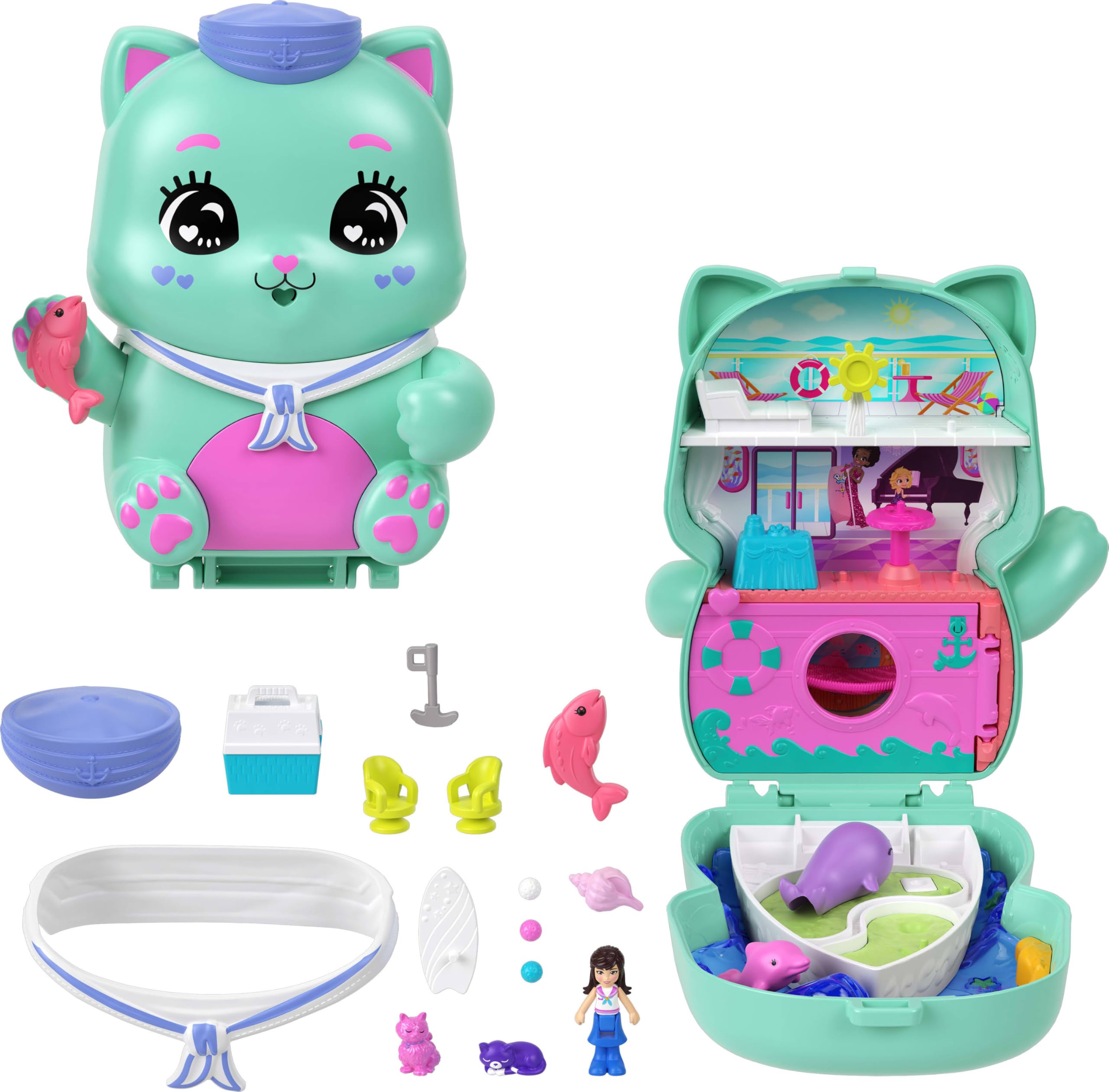 Polly Pocket Set Sail Kitty Compact Playset - Micro Doll with 10 Accessories & 2 Pet Cats, Ages 4+ 1