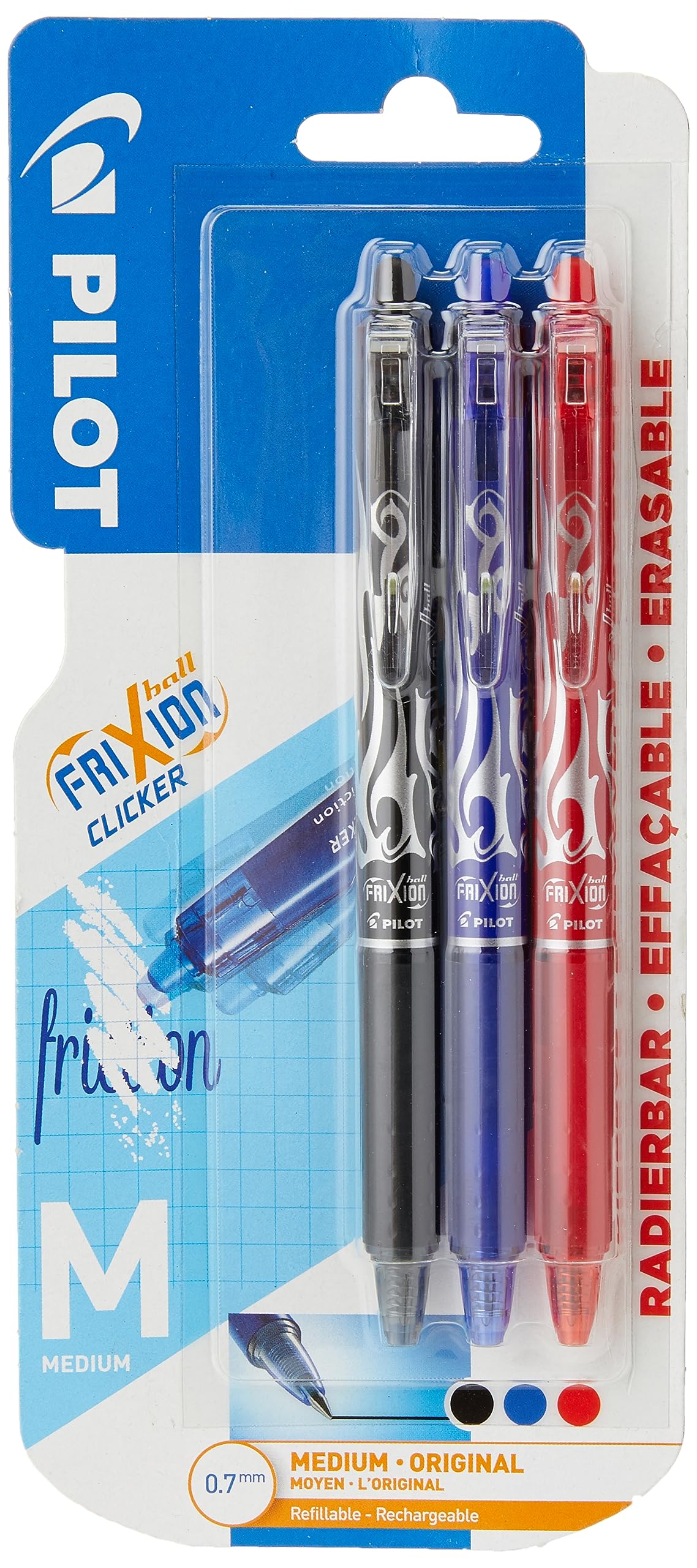PILOT Frixion Clicker Retractable Erasable Rollerball Pen - 0.7 mm Tip | Pack of 3 Black/Blue/Red 4