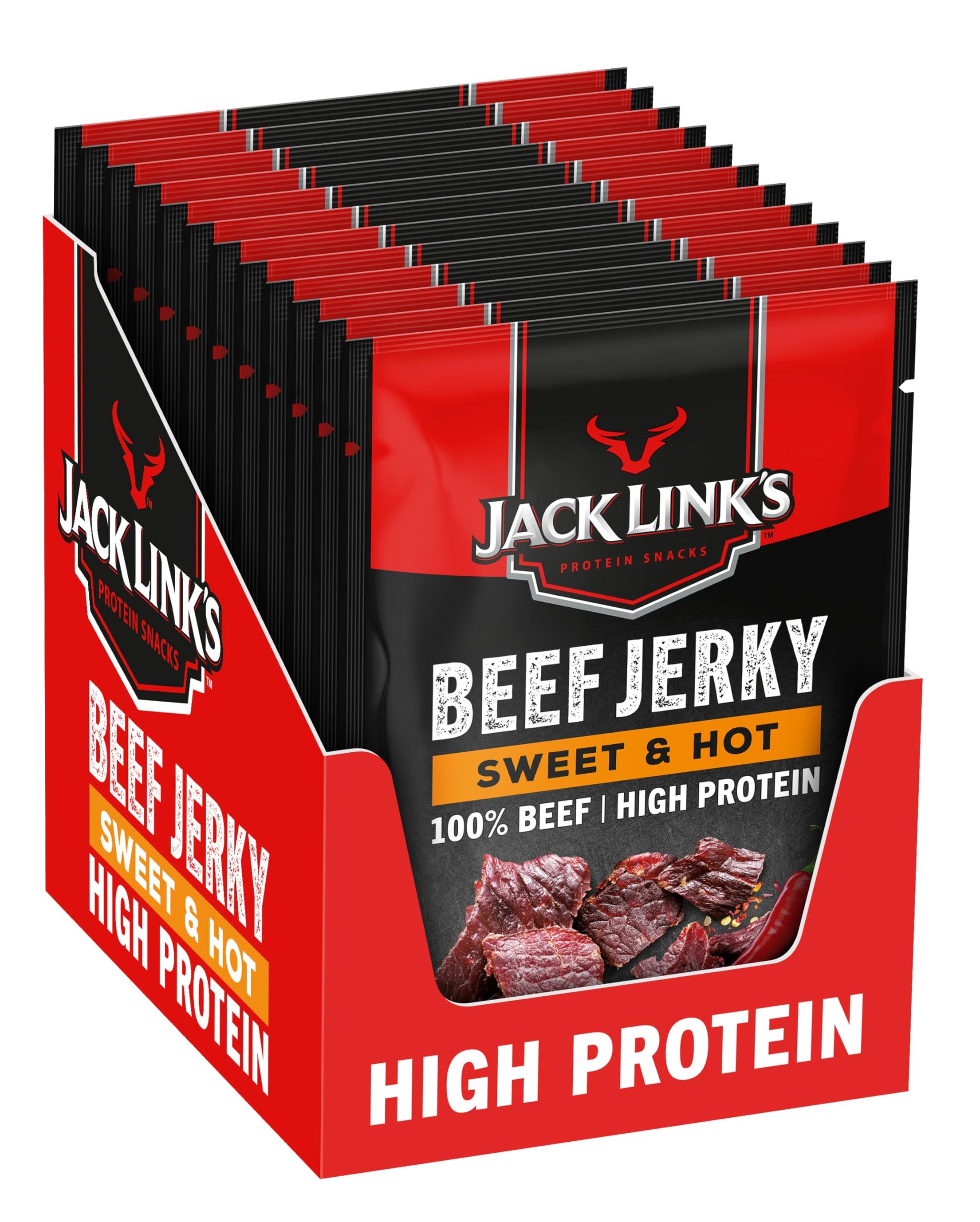 Jack Link's Beef Jerky Sweet & Hot, 12-Pack (12 x 40g), Dried Meat Snack High in Protein