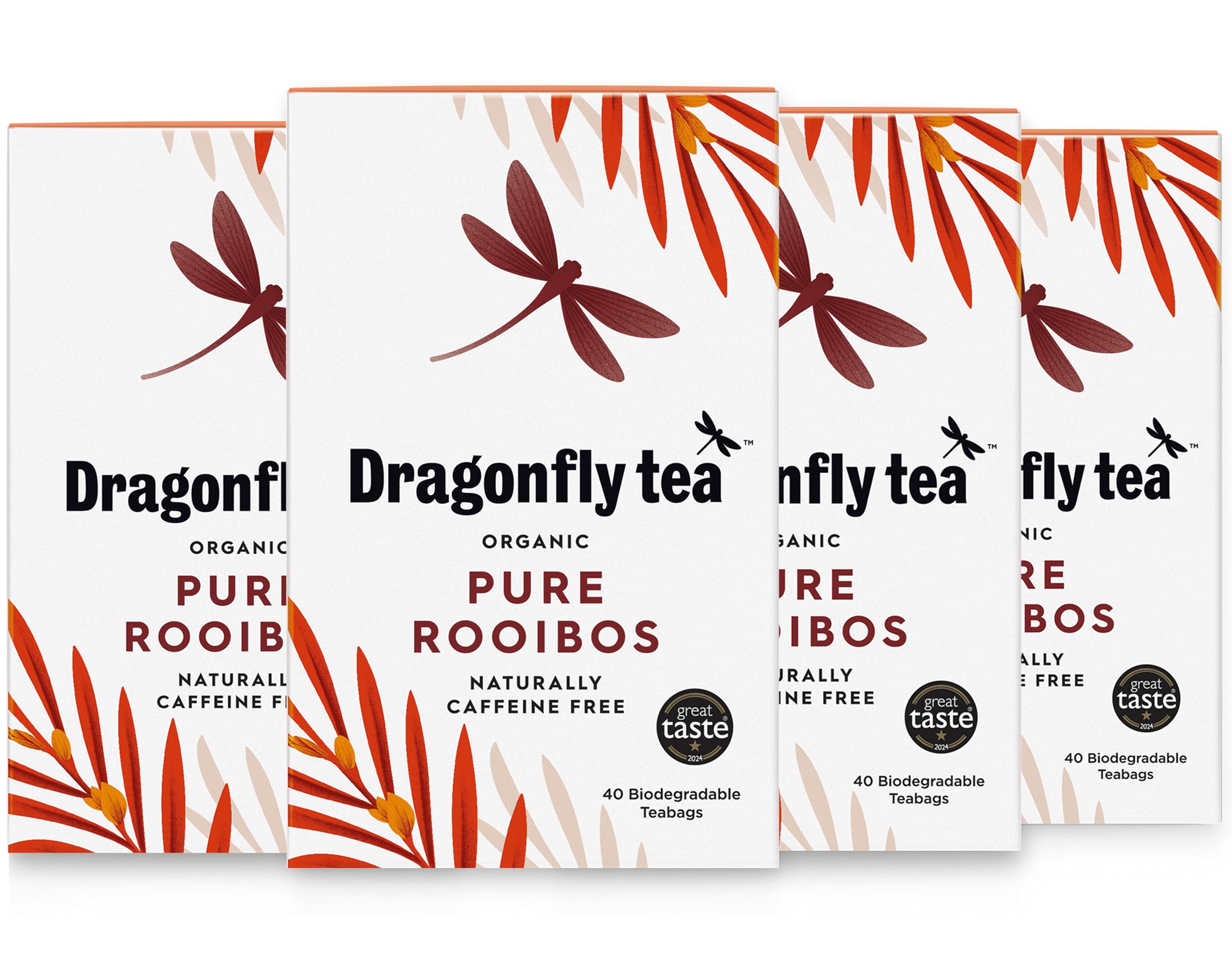 Dragonfly Organic Rooibos Tea | Pack of 4 x 40 Biodegradable Tea Bags (160 Total) | Caffeine-Free South African Red Bush Tea