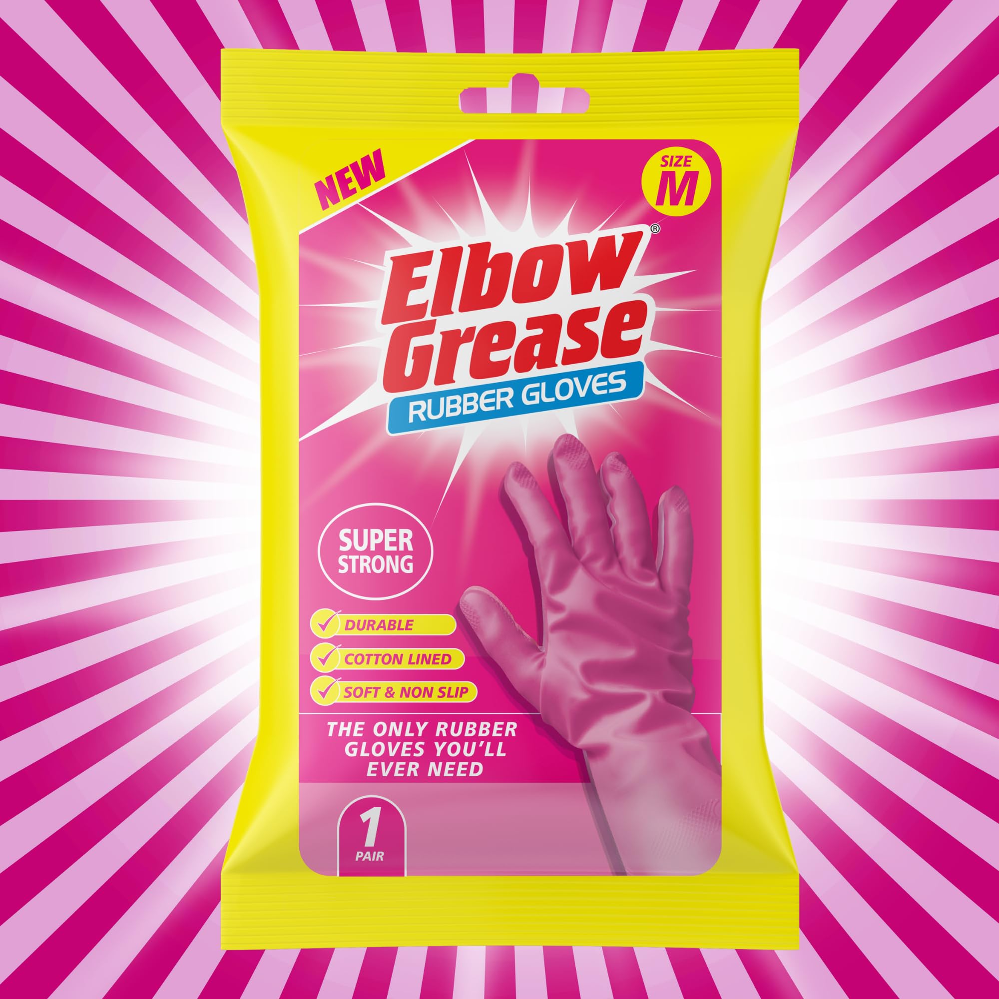 Elbow Grease Pink Rubber Gloves - Super Strong, Cotton Lined, Non-Slip Grip | Size M 6