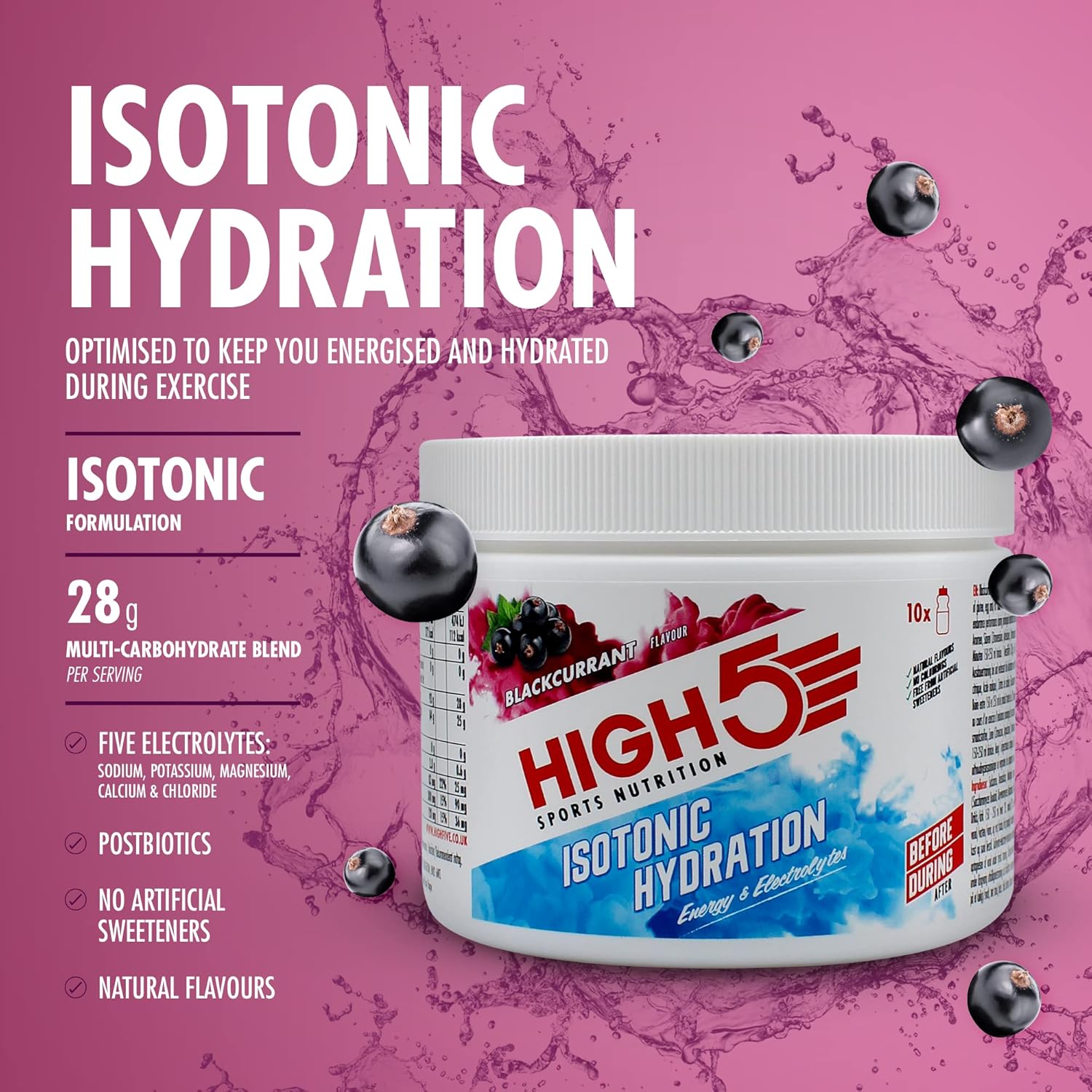 HIGH5 Isotonic Hydration Energy Drink Powder | Electrolyte & Carbohydrate Mix with Postbiotics | 28g Carbs, Tropical & Blackcurrant 5