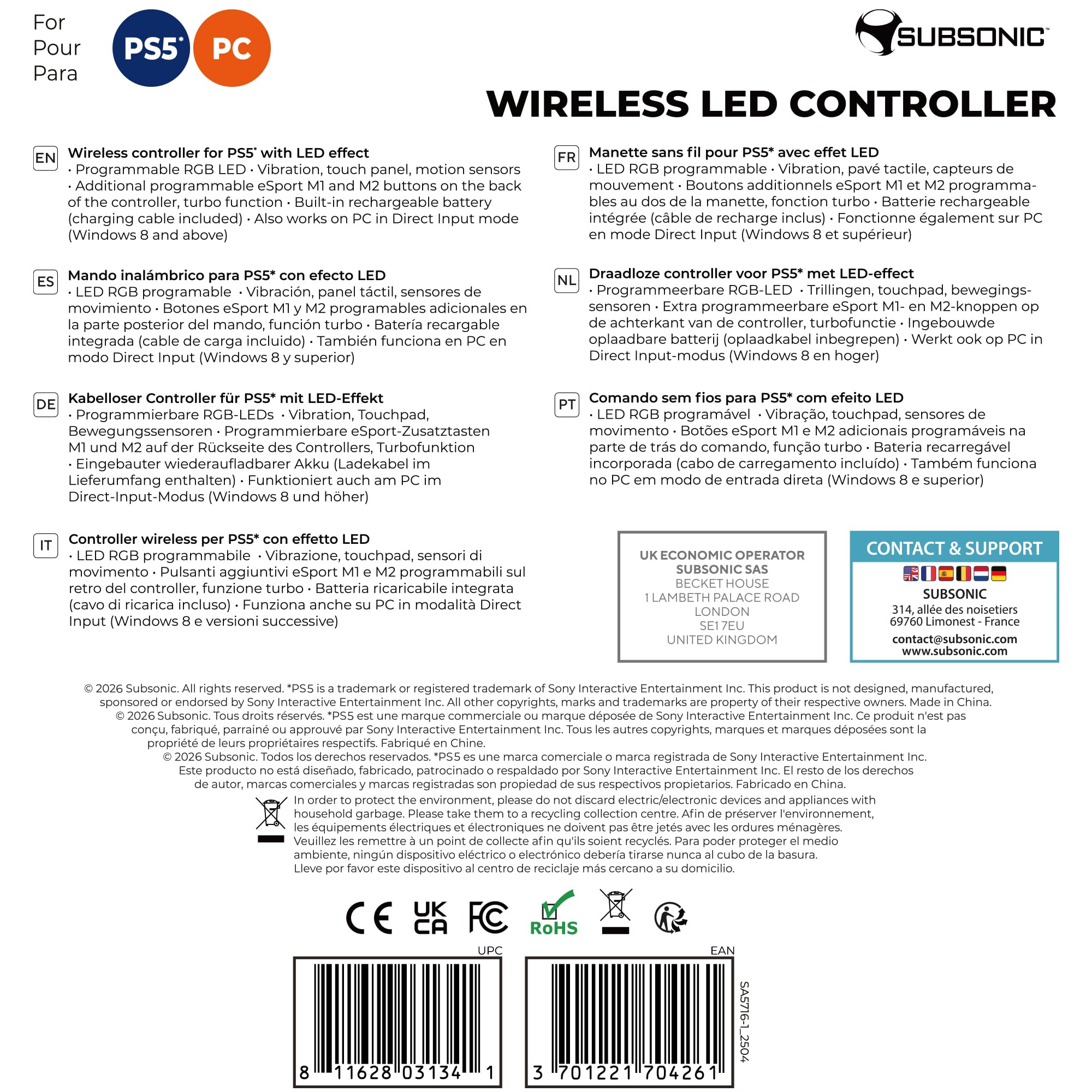 Subsonic SA5716-1 – Wireless Controller for PS5 & PC with Programmable Paddles, RGB LEDs, and Turbo Function 9