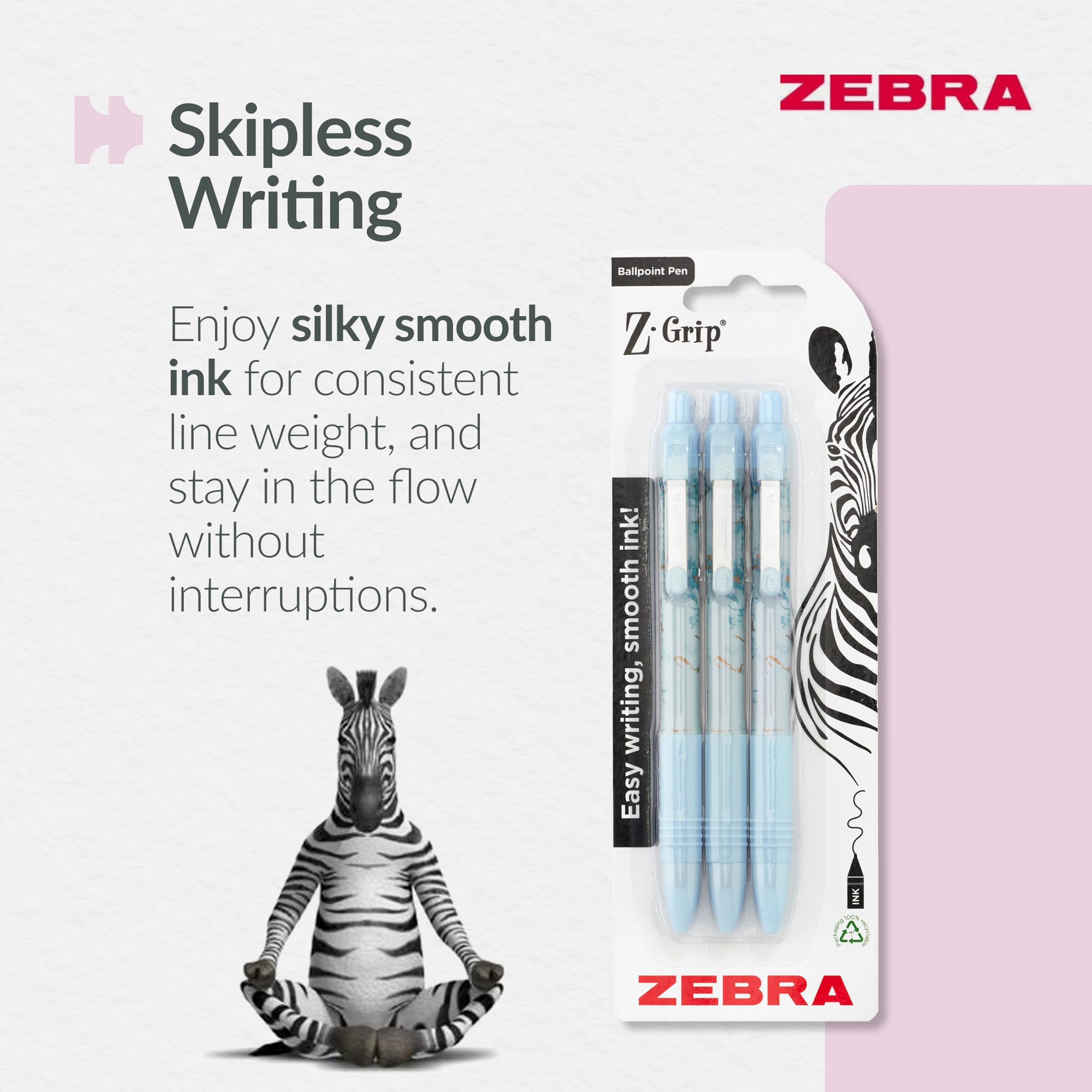 Zebra Pen Z-Grip Smooth Glam Retractable Ballpoint Pens - Black Ink, 1.0mm Medium Point, 3 Pack