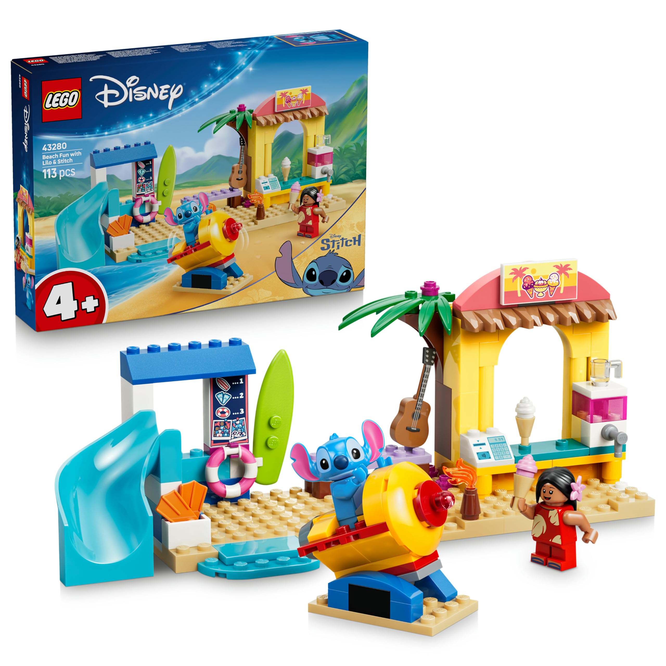 LEGO Disney Beach Fun with Lilo & Stitch Building Set 43280 for Ages 4+ | Includes 2 Shops & Rocket Ride 1