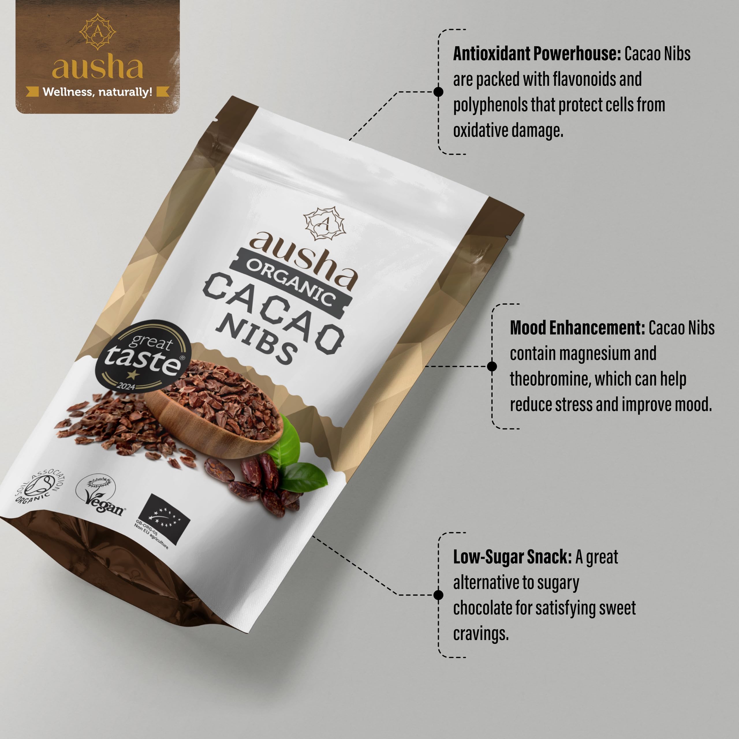 Ausha Organic Raw Cacao Nibs 200g - 1* Great Taste Award 2024 - Soil Association Certified 12