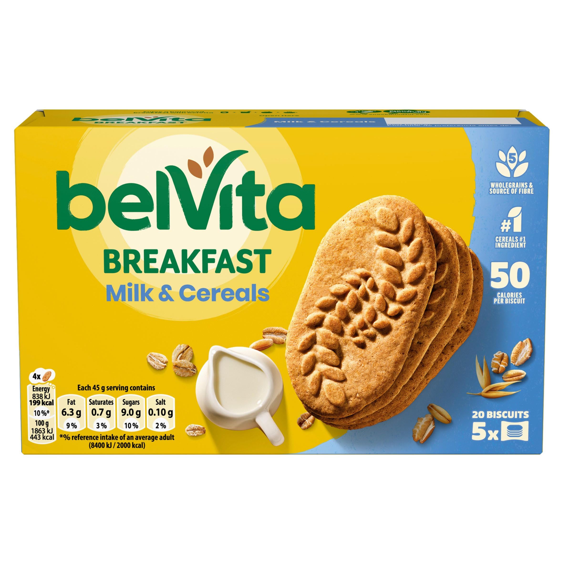 Belvita Breakfast Biscuits Milk & Cereals - 5 Packs, Made with 5 Whole Grains, No Preservatives, Source of Fiber, Calcium, Magnesium & Iron
