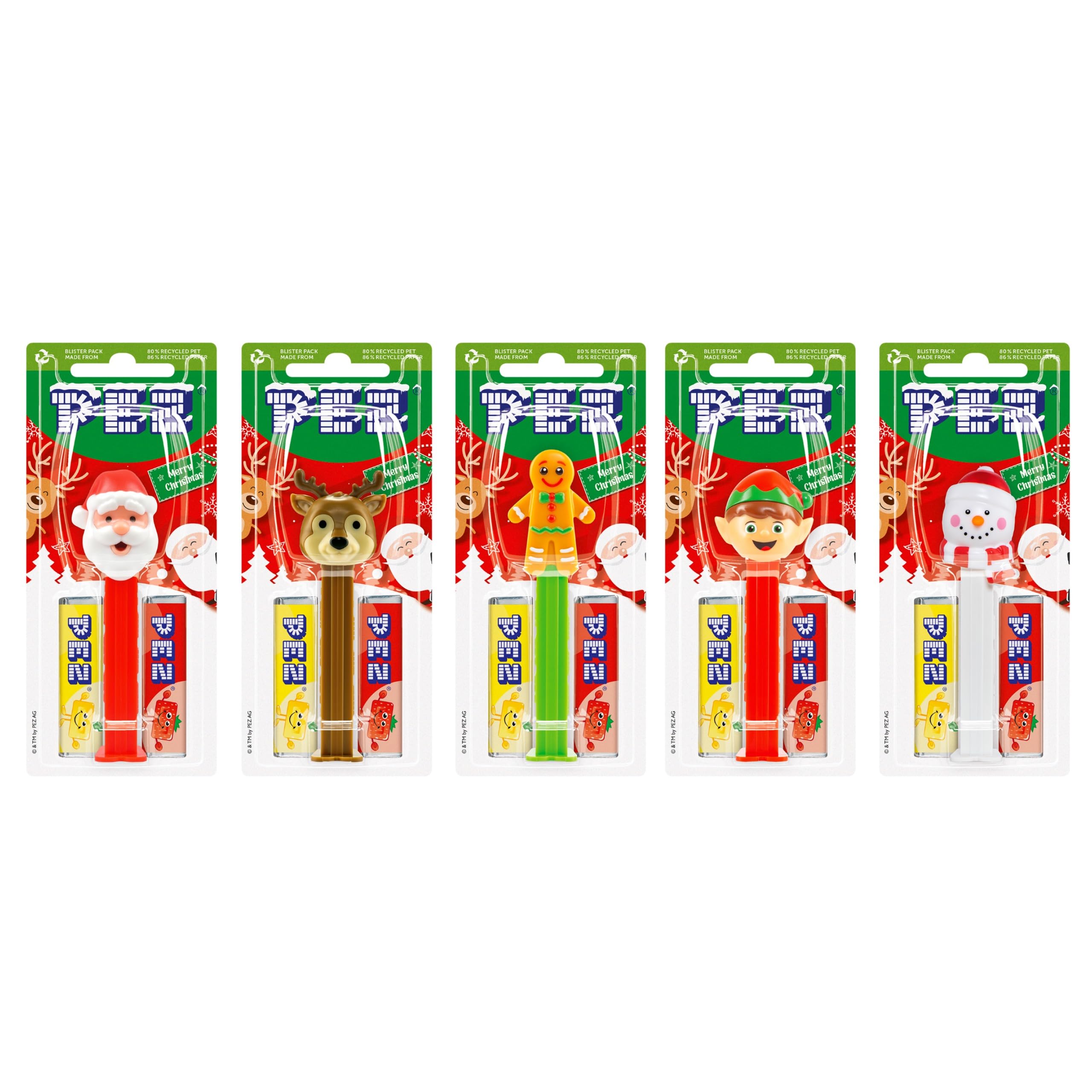 PEZ Christmas Themed Sweet Dispenser Multipack - Santa, Reindeer, Polar Bear, Snowman with Strawberry & Lemon Candy Refills 7