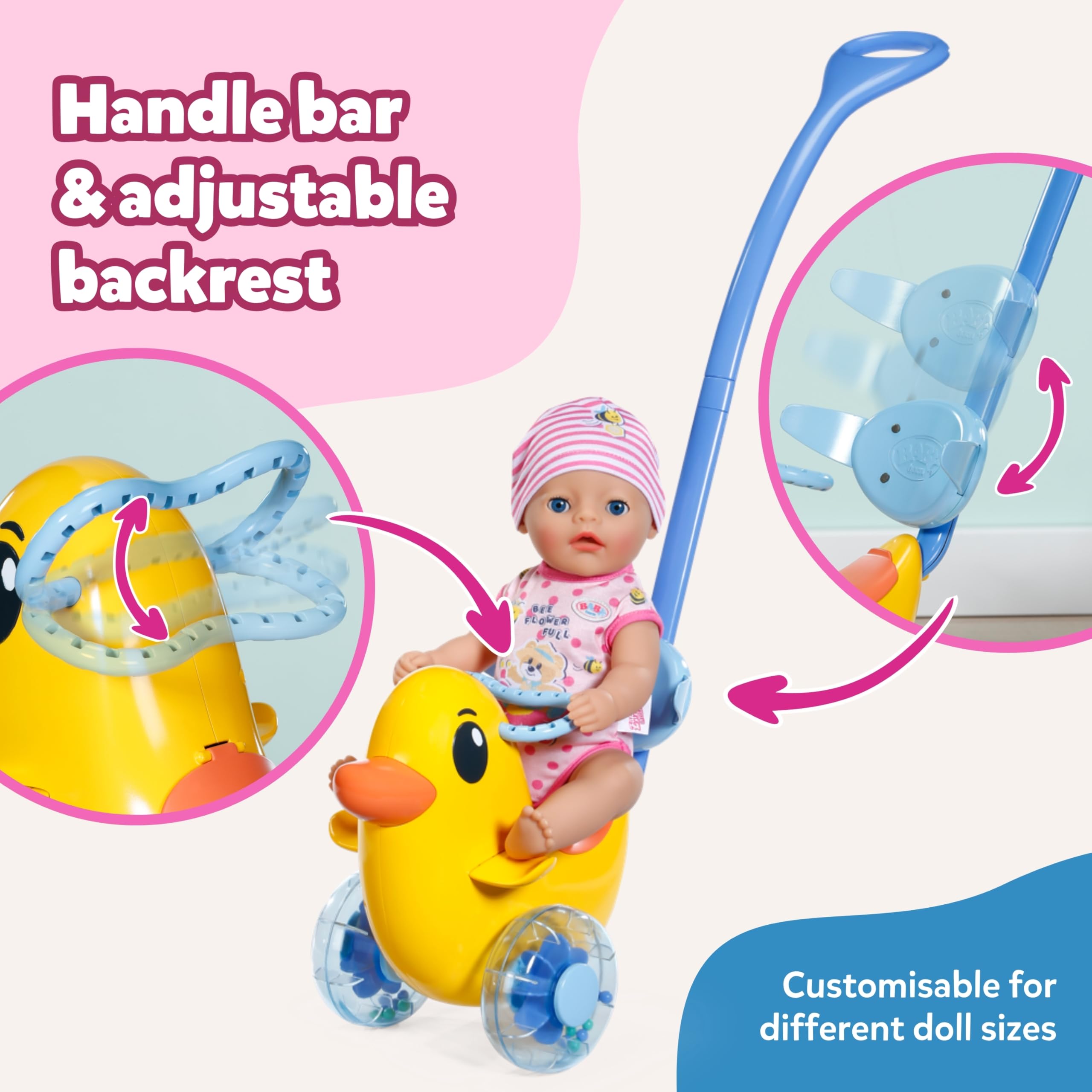 BABY born Push-Along Berta Doll Ride-On Toy | Adjustable Handlebar | Rattling Wheels | For 36cm & 43cm Dolls 6