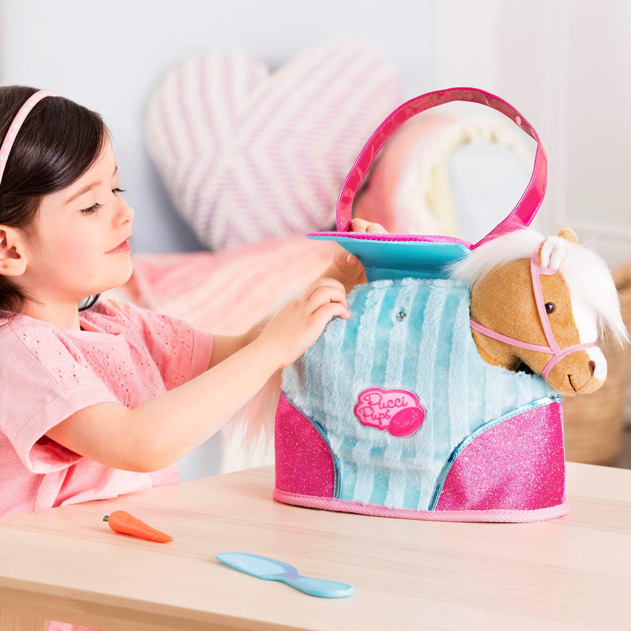 Pucci Pups Beige Horse with Blue Stripes and Pink Pony Bag 3