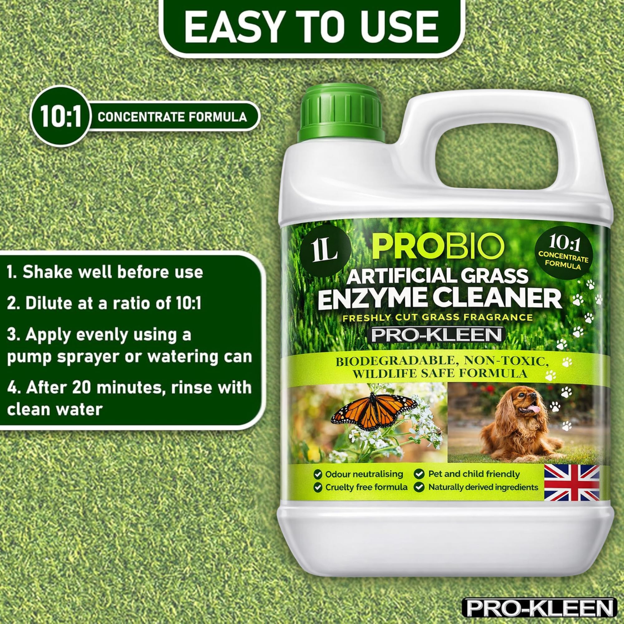 Pro-Kleen Artificial Grass Cleaner Probiotic Deodoriser - 1L | Fresh Cut Grass Scent | Pet & Wildlife Safe 3