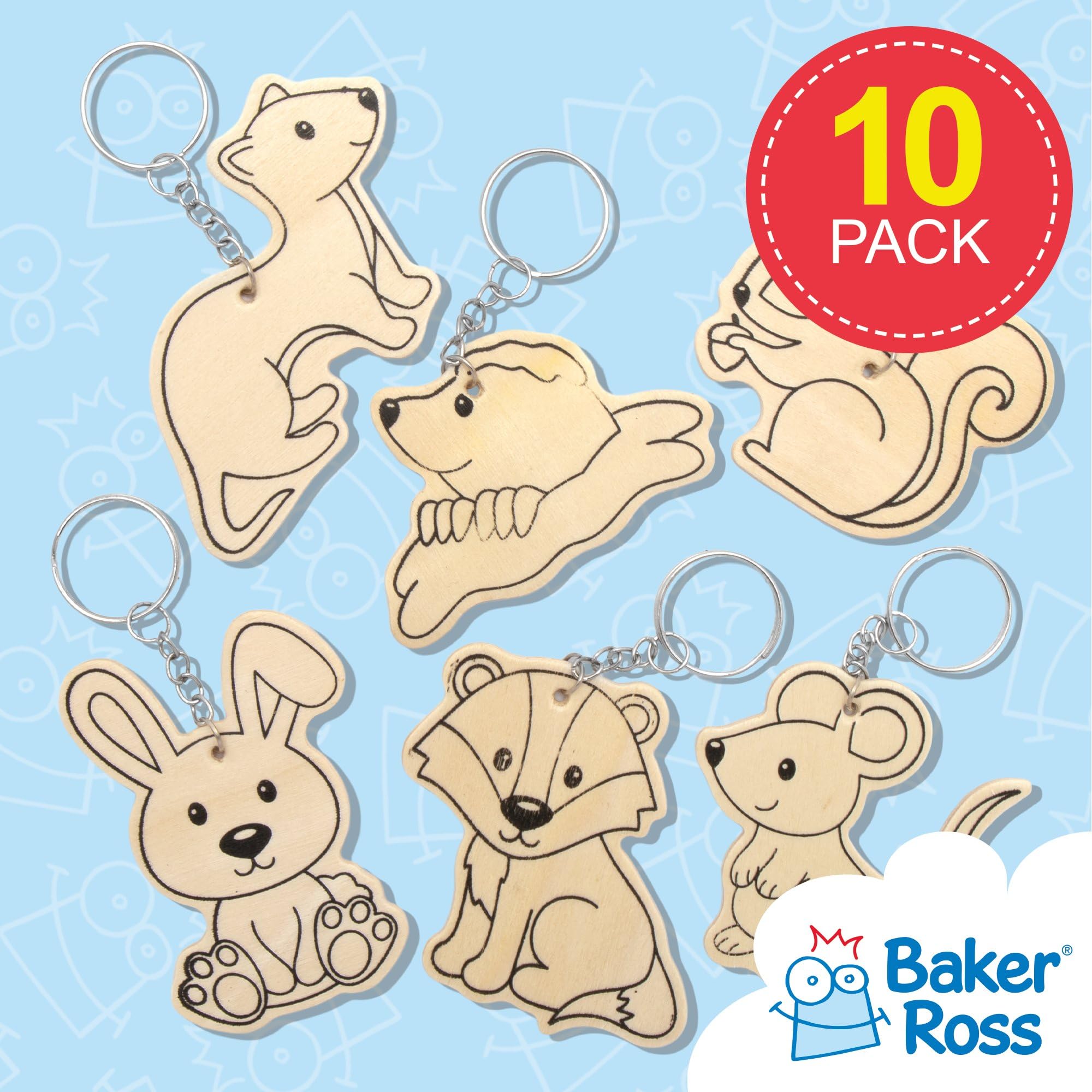 Baker Ross Woodland Animal Wooden Keyrings - Pack of 10 | Colour-In Craft Kit | 4.5cm-8cm