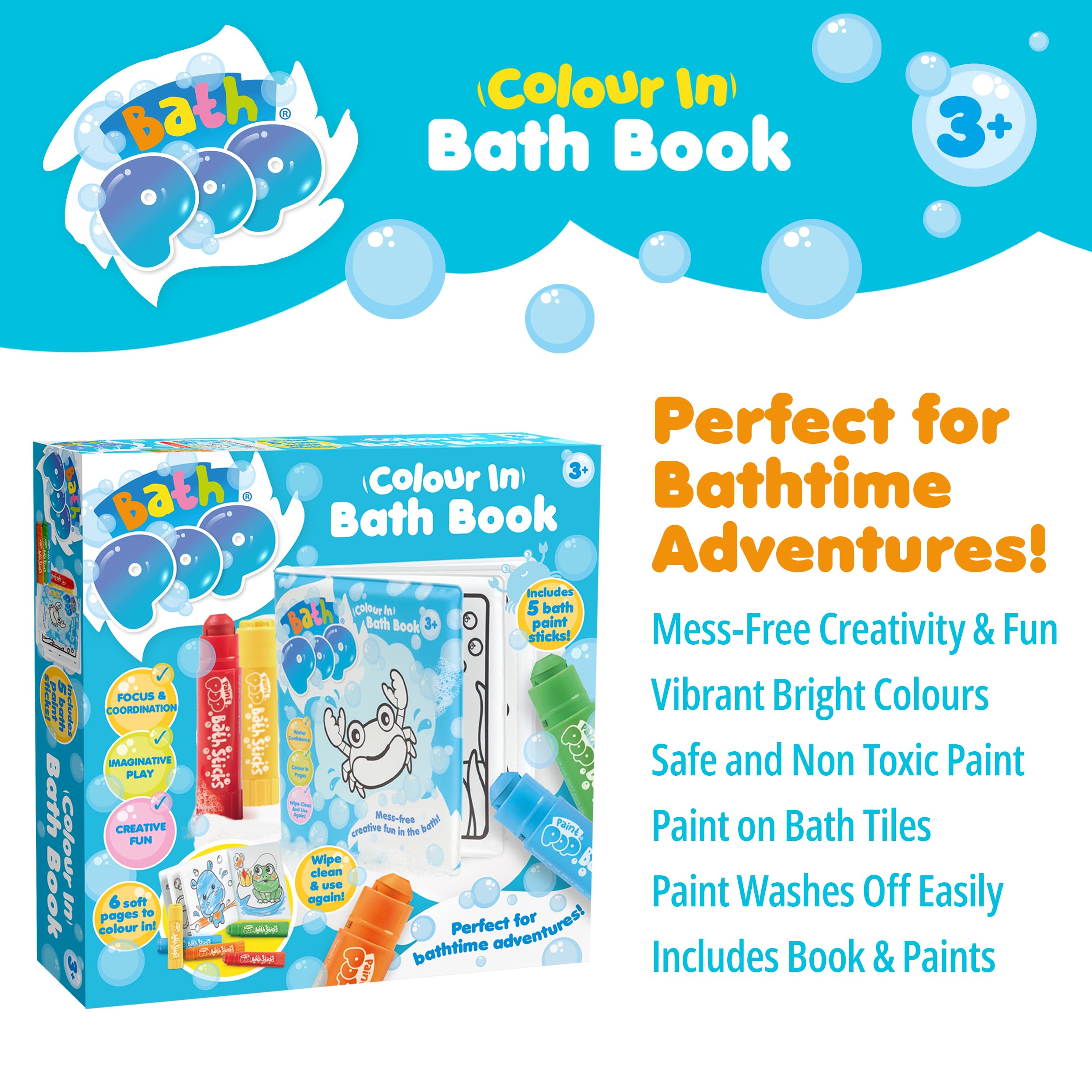 Bath Pop Colouring Book and 5 Bath Sticks - Washable Paint Set | Toddler Bath Toy | Ages 3+ 5