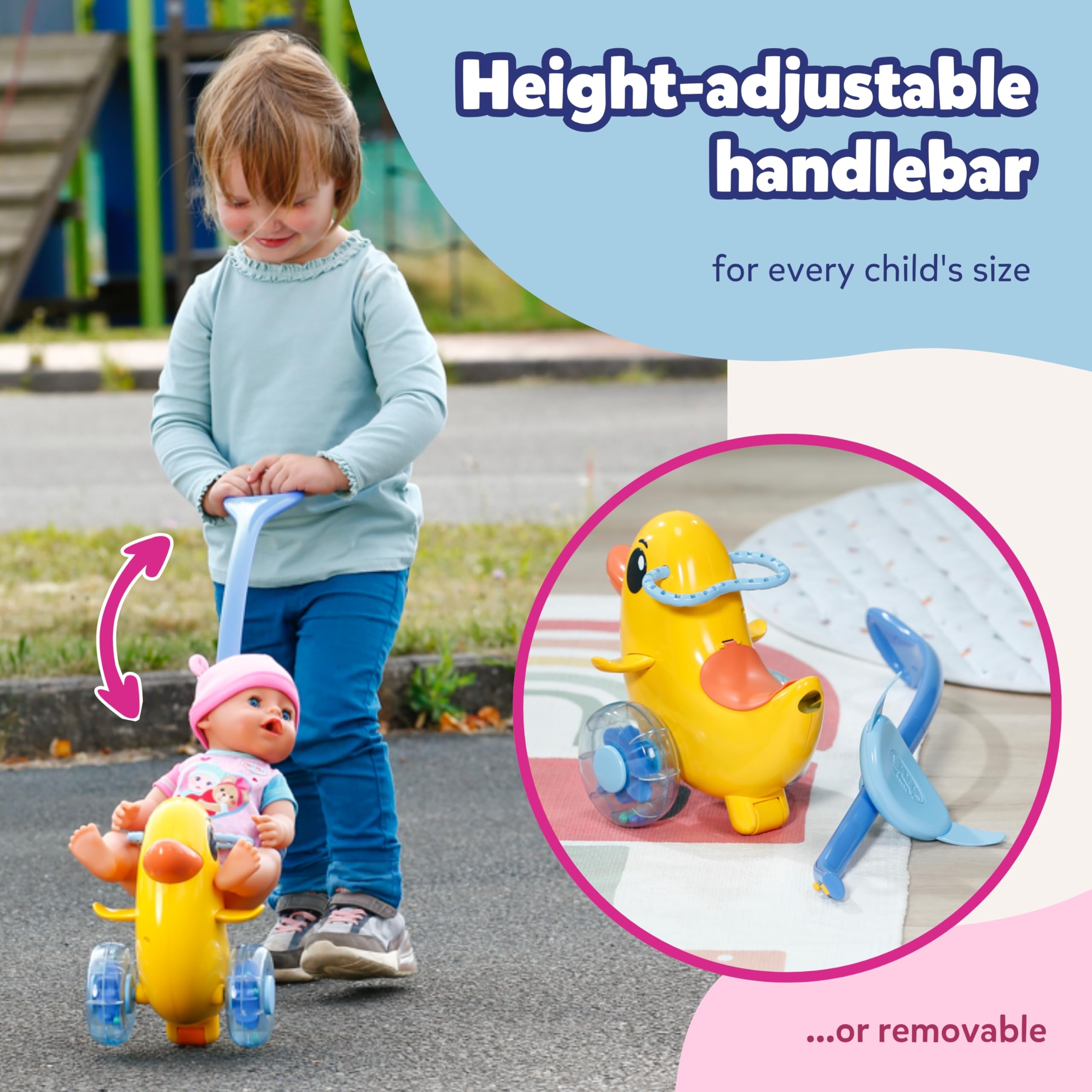 BABY born Push-Along Berta Doll Ride-On Toy | Adjustable Handlebar | Rattling Wheels | For 36cm & 43cm Dolls 4