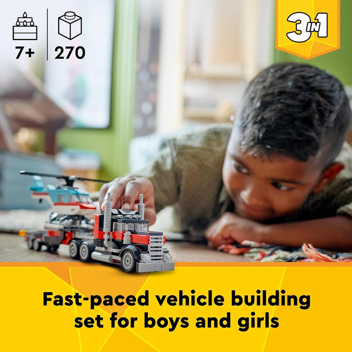 LEGO Creator 3in1 Flatbed Truck with Helicopter - 270 Piece Building Set for Ages 7+