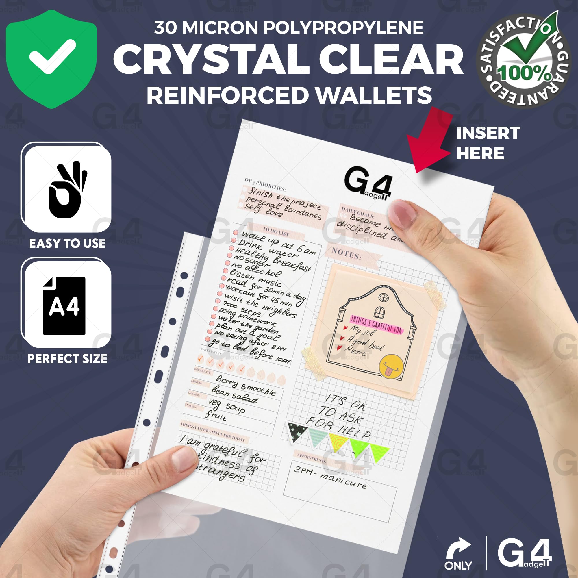 G4GADGET Pack of 50 A4 Clear Plastic Punched Pockets Folders with Frost Finish 5