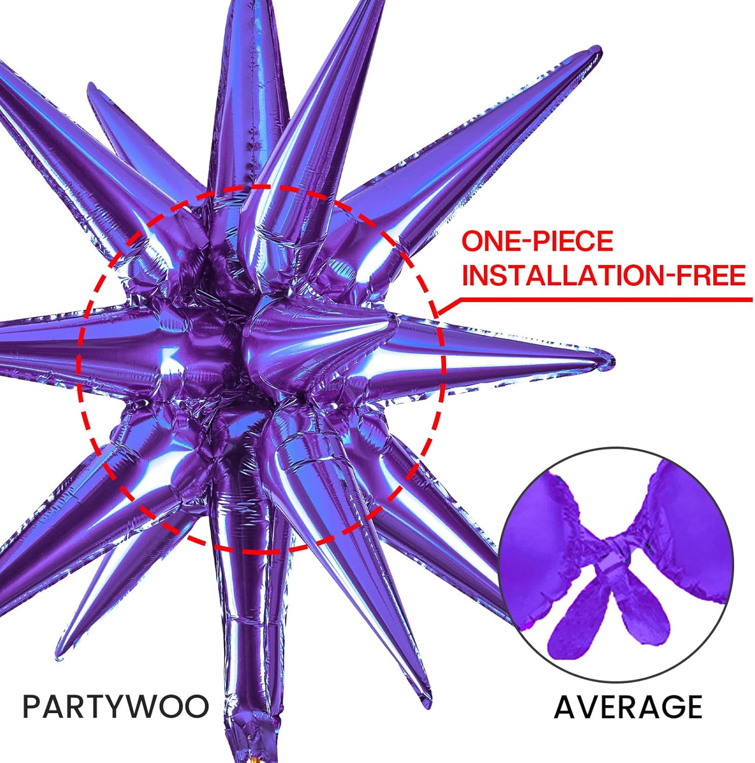 PartyWoo - Purple Star Balloons 6 pcs, One-Piece 14-Pointed Starburst Foil Balloons 27 & 22 inch with Ribbon 6