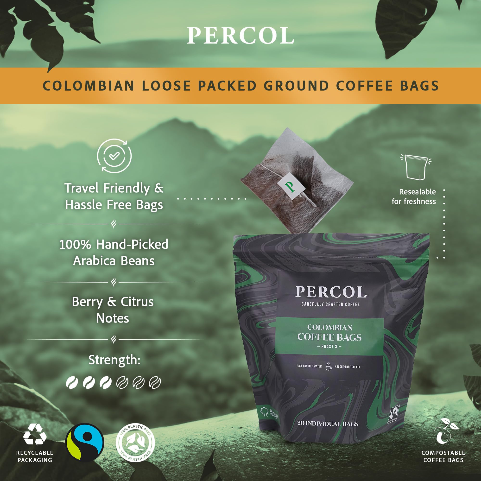PERCOL Colombian Loose Packed Ground Coffee Bags (80x8g) - Fairtrade Light Roast 3