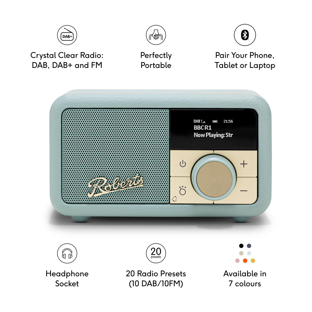 Roberts Revival Petite 2 FM/DAB/DAB+ Digital Radio with Bluetooth - Duck Egg