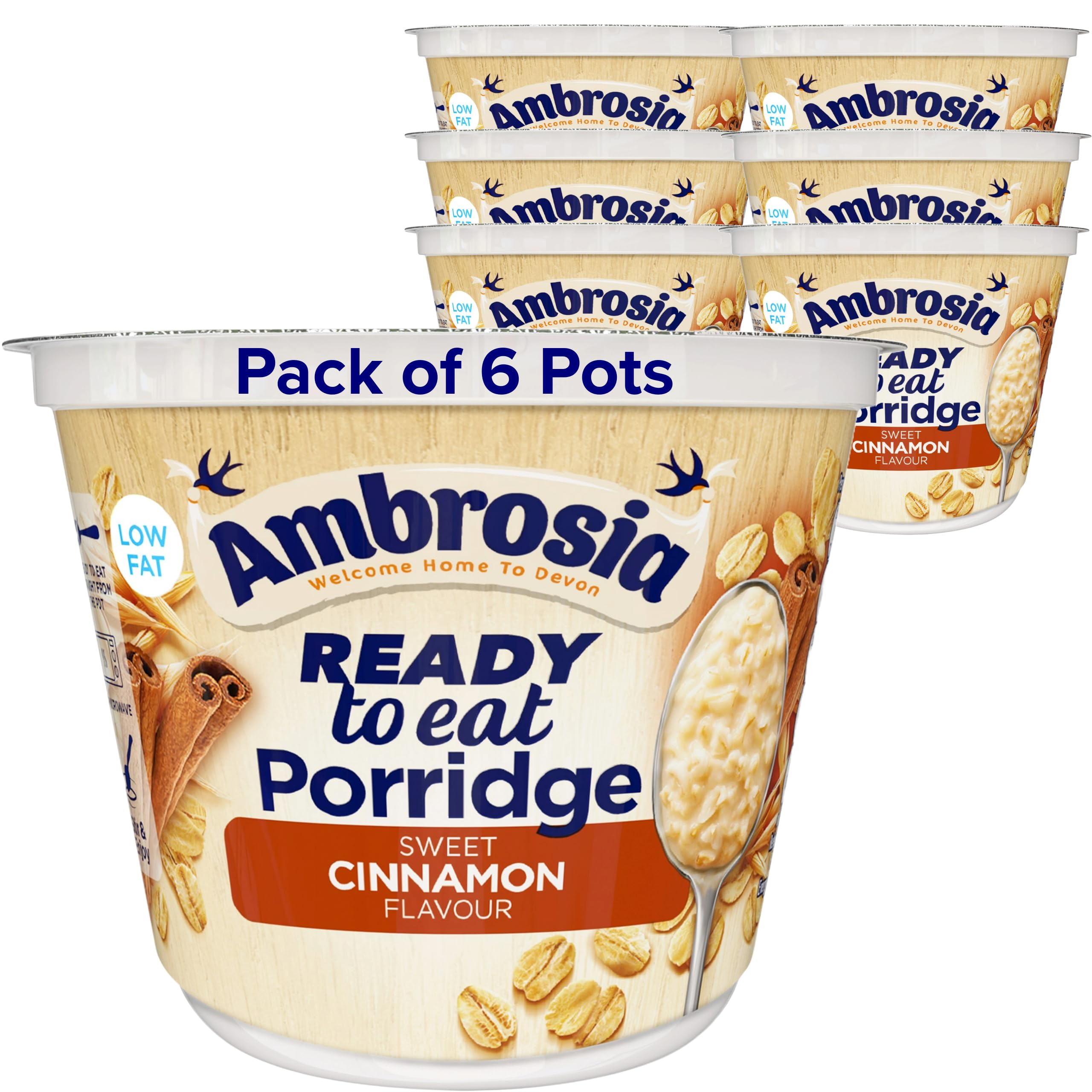 Ambrosia Ready to Eat Sweet Cinnamon Porridge - Low Fat, High Protein | 210g Pot (Pack of 6)
