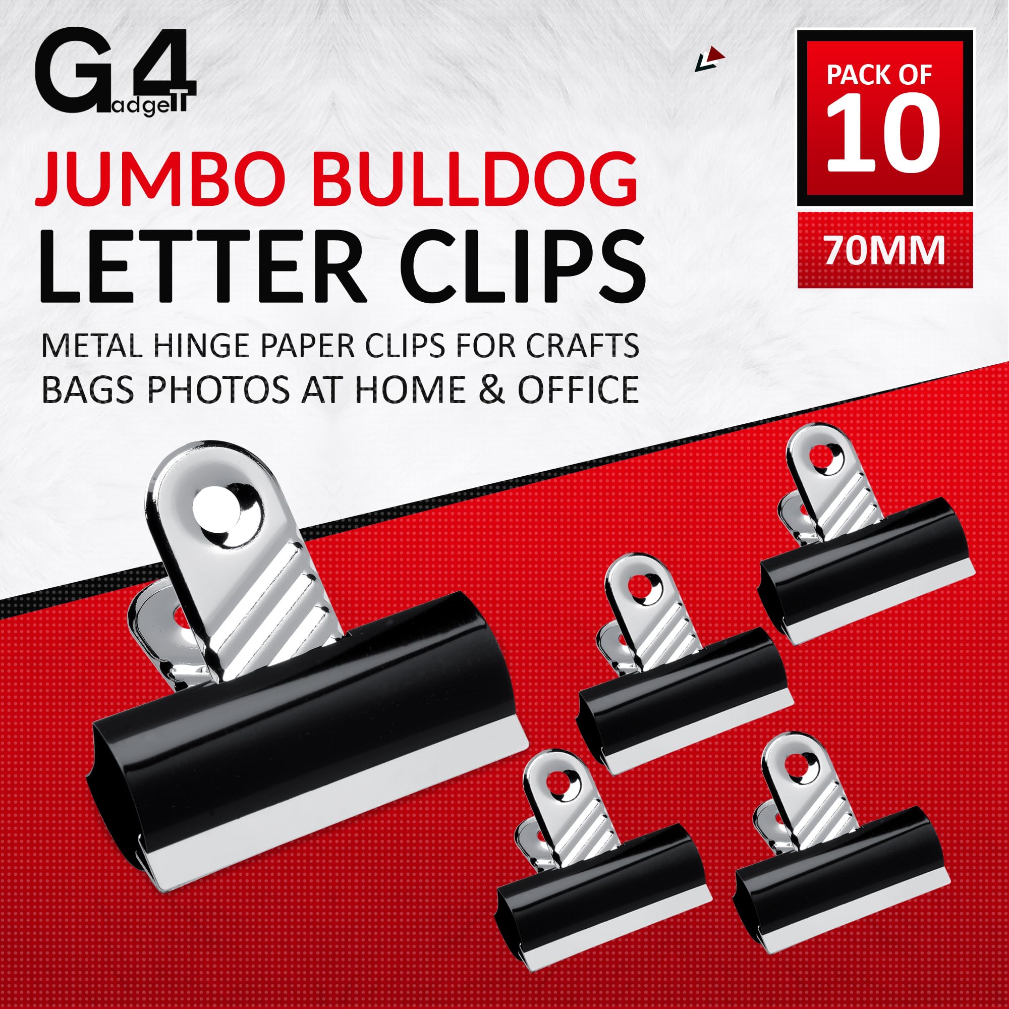 G4GADGET Jumbo Black Bulldog Clips 70mm - Heavy-Duty Metal Binder, 10 Pack | Holds 195 Sheets