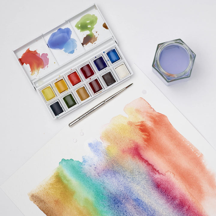 Winsor & Newton Cotman Watercolour Paint Set - Sketchers Pocket Box with 12 Half Pans and Travel Brush