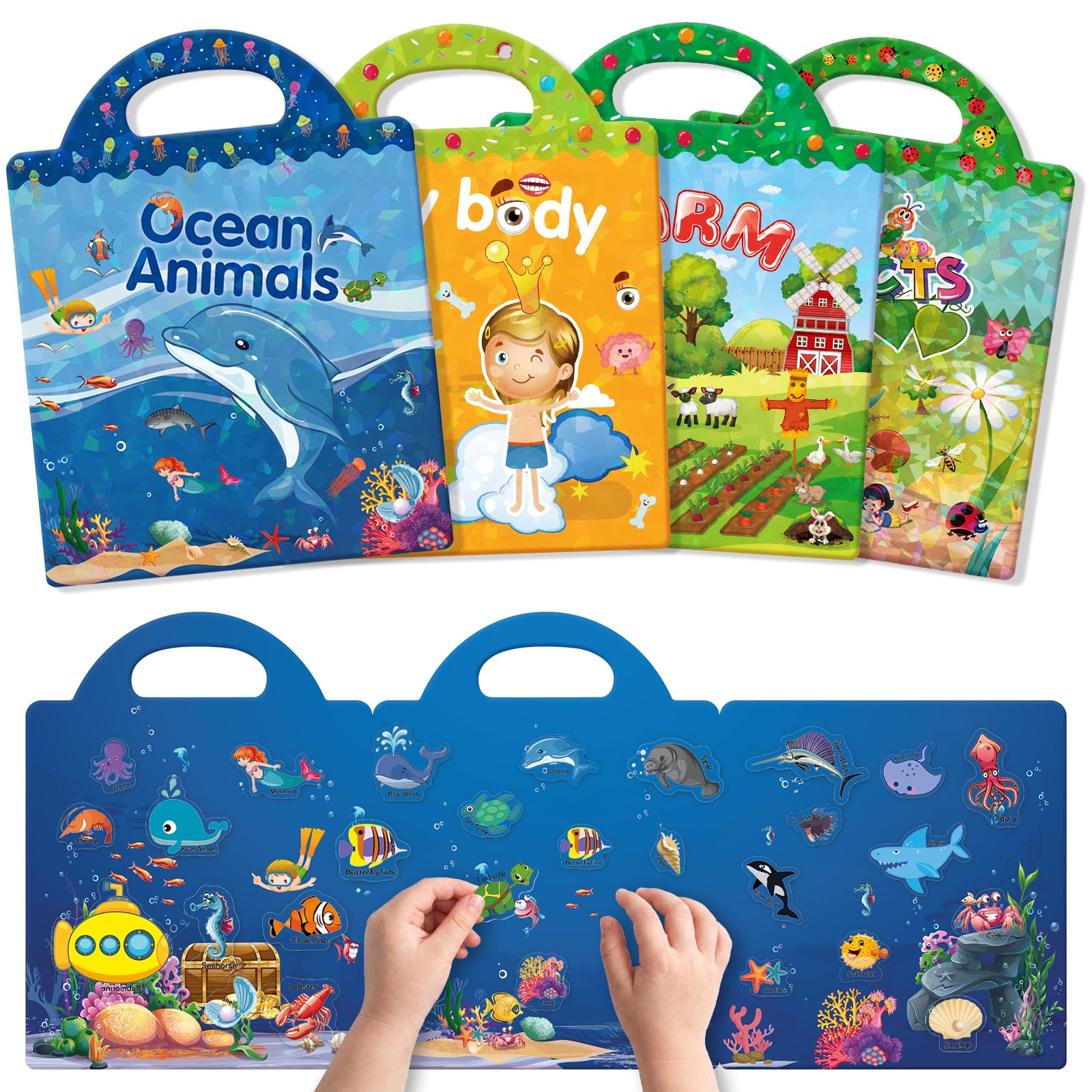 GUYUCOM Reusable Sticker Books - 4 Pack: Ocean, Farm, Insect, Body Themes | Educational Learning Toy