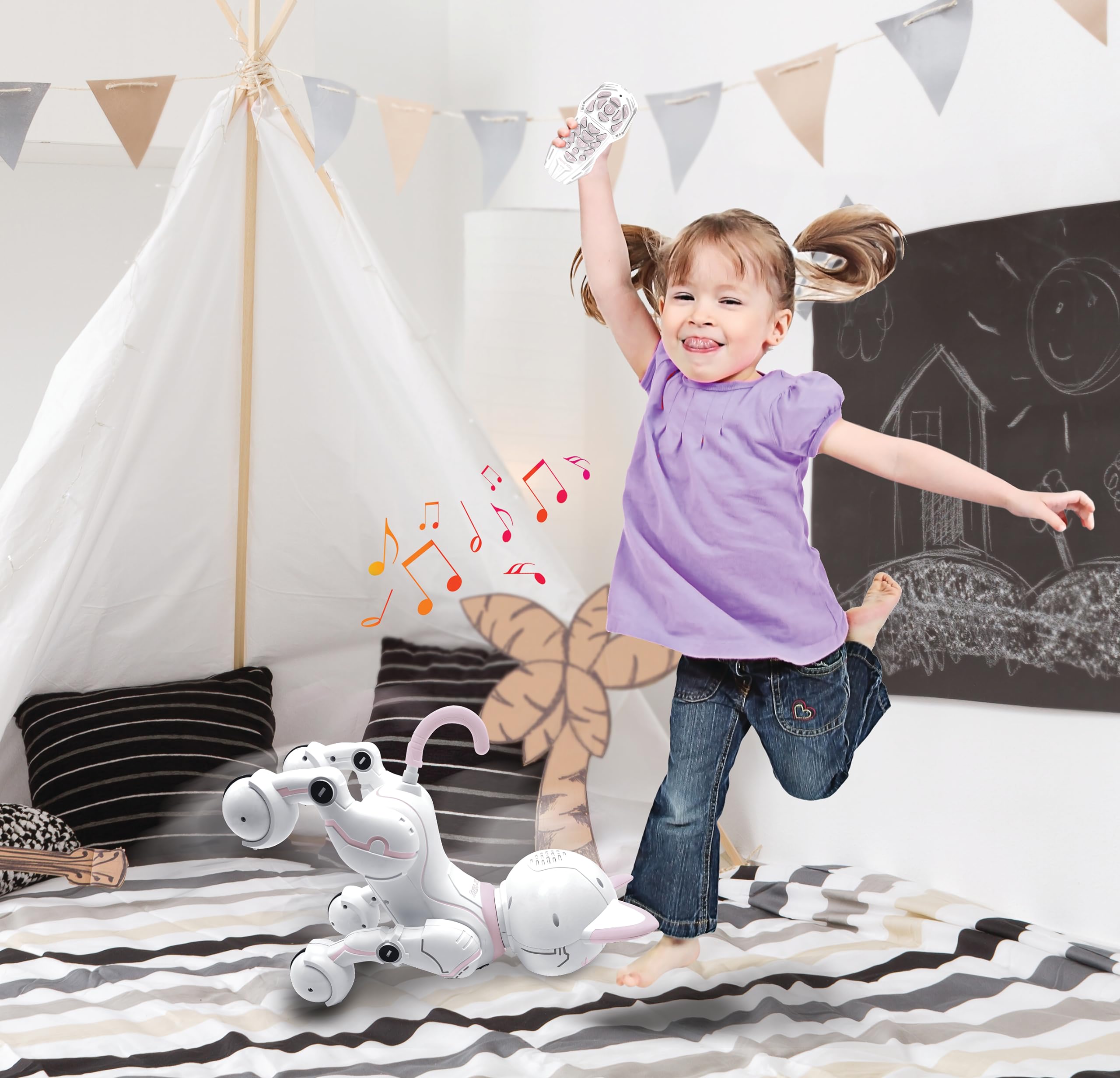 LEXIBOOK Power Kitty® - Remote Control Robot Cat with Gesture & Programming, Light, Sound, White/Pink - Ages 4+ 5