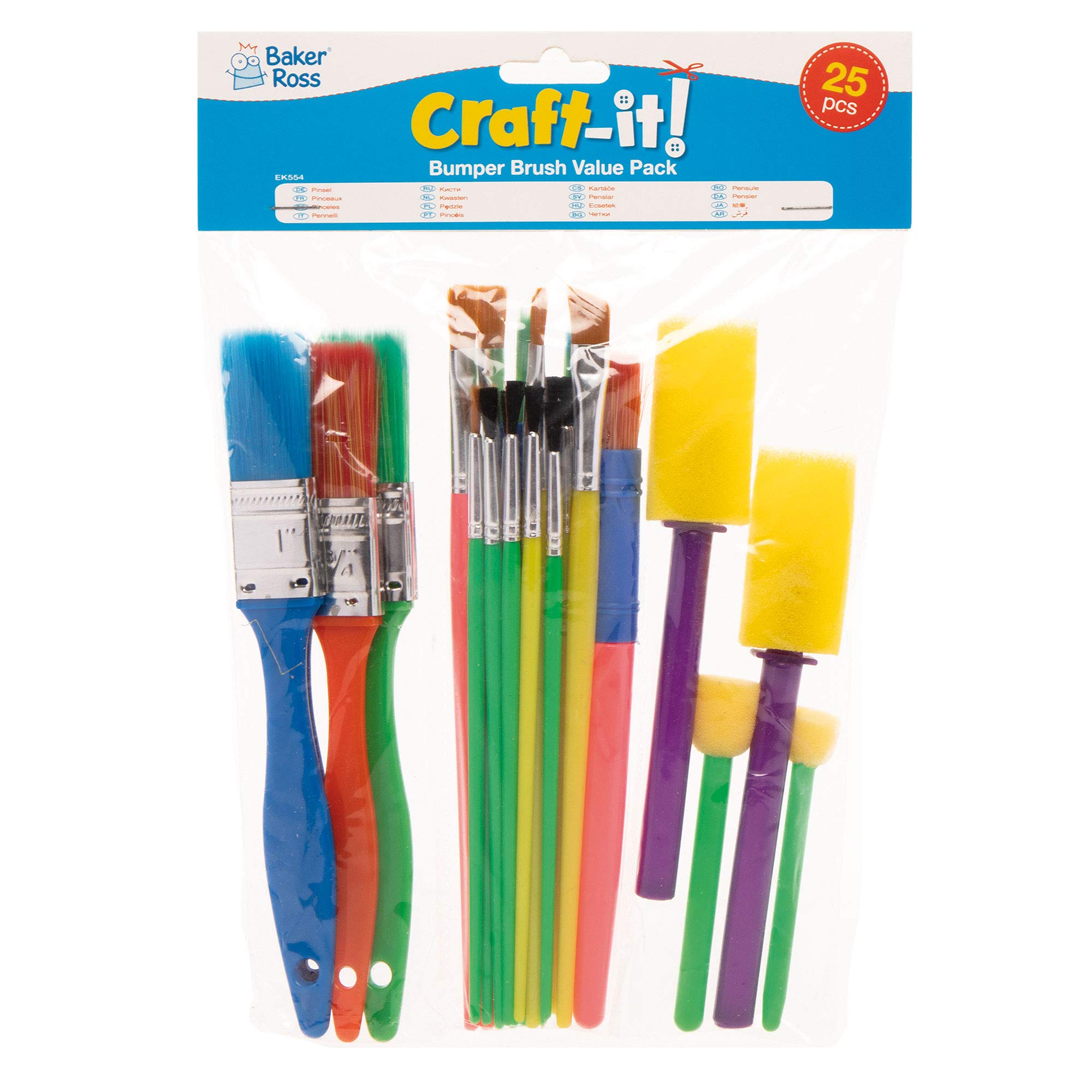 Baker Ross Kids Paint Brush Set - 25 Piece Assorted Sizes with Foam Dabbers 5