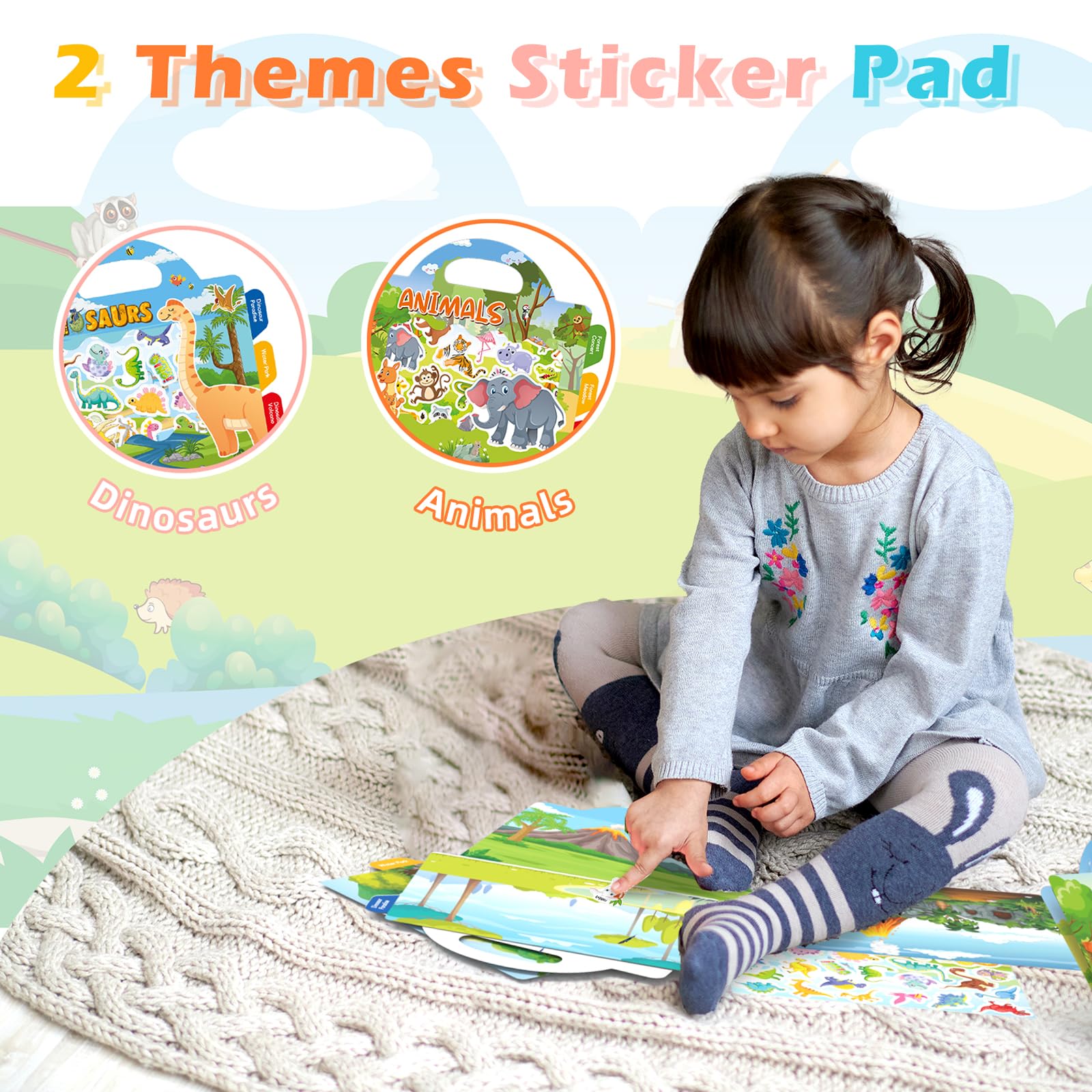 GUYUCOM 2 Pack Reusable Sticker Books for Toddlers - Educational Dinosaur & Animal PVC Stickers for Kids Ages 2-4 9