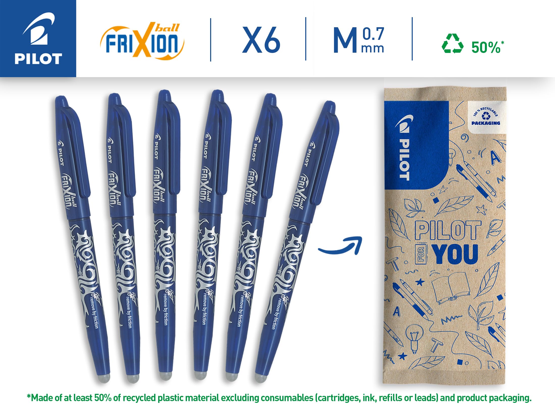 PILOT FriXion Ball Erasable Rollerball Pen - 0.7mm Tip, Blue Ink | 6 Count Pack