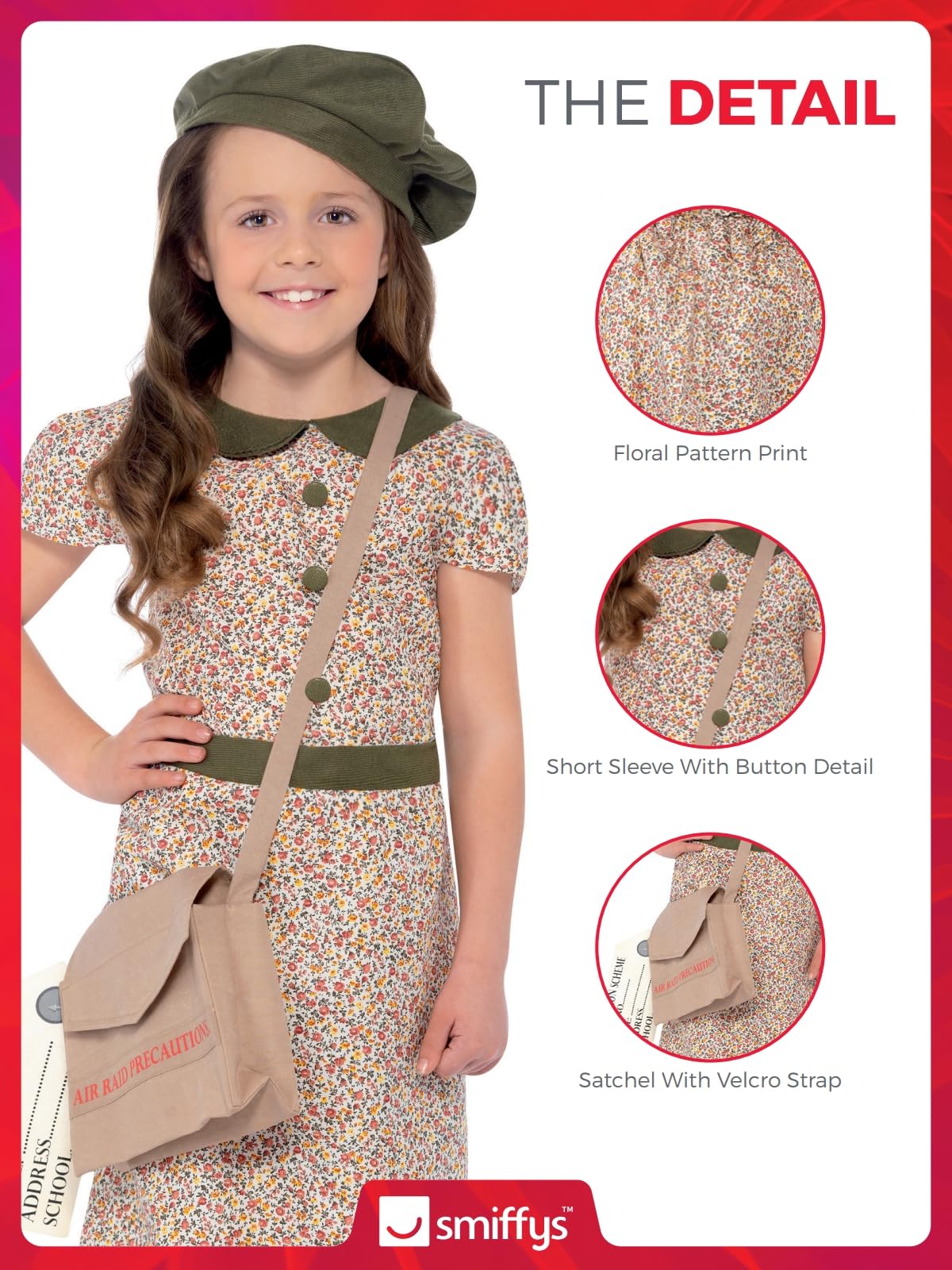 Smiffys Evacuee Girl Costume - 1940s Patterned Dress with Satchel, ID Tag & Beret, Ages 10-12 7