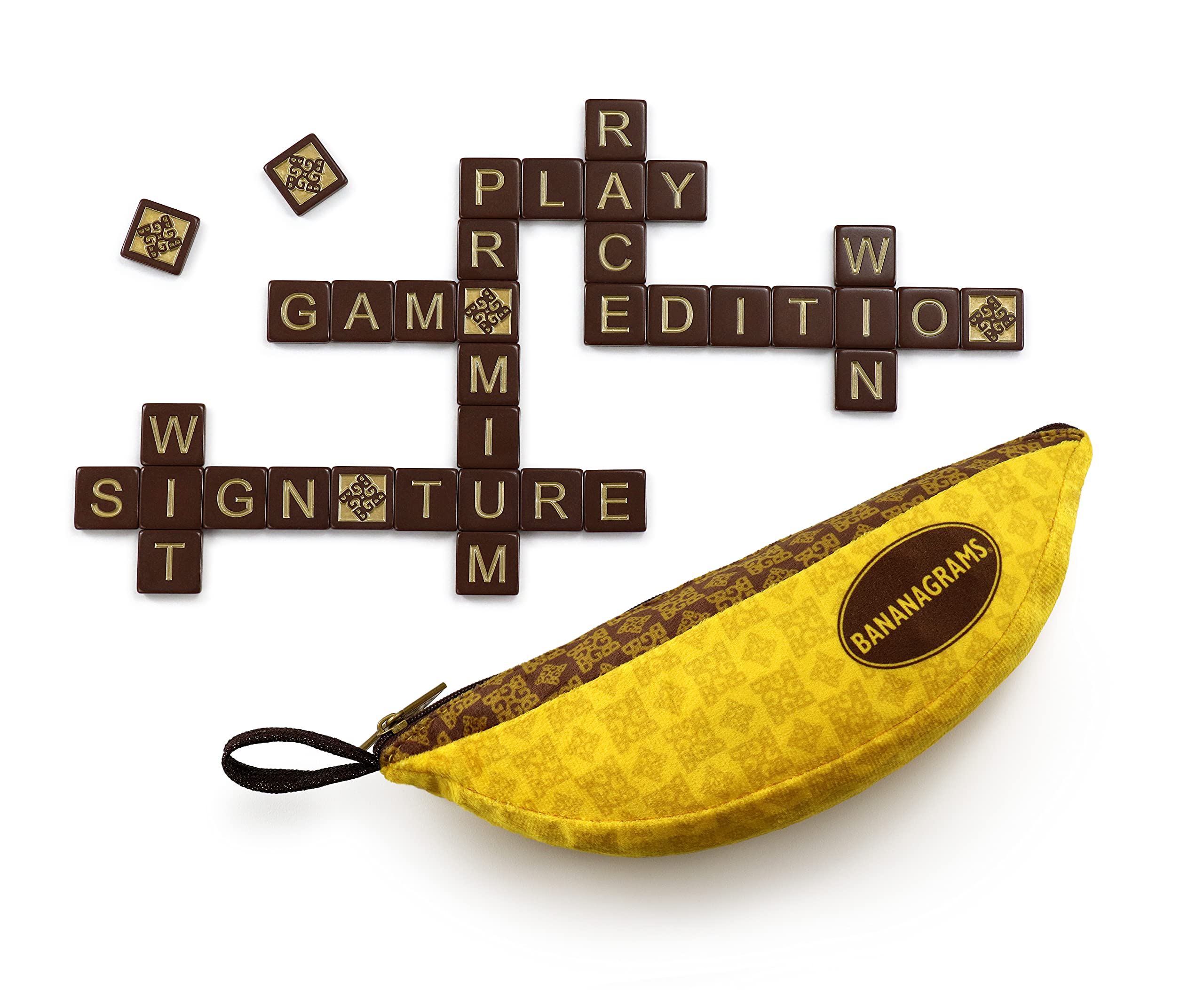 BANANAGRAMS Signature Edition Word Game - 144 Tiles, 10 Luxe Tiles, Premium Fabric Pouch - 1-8 Players 1